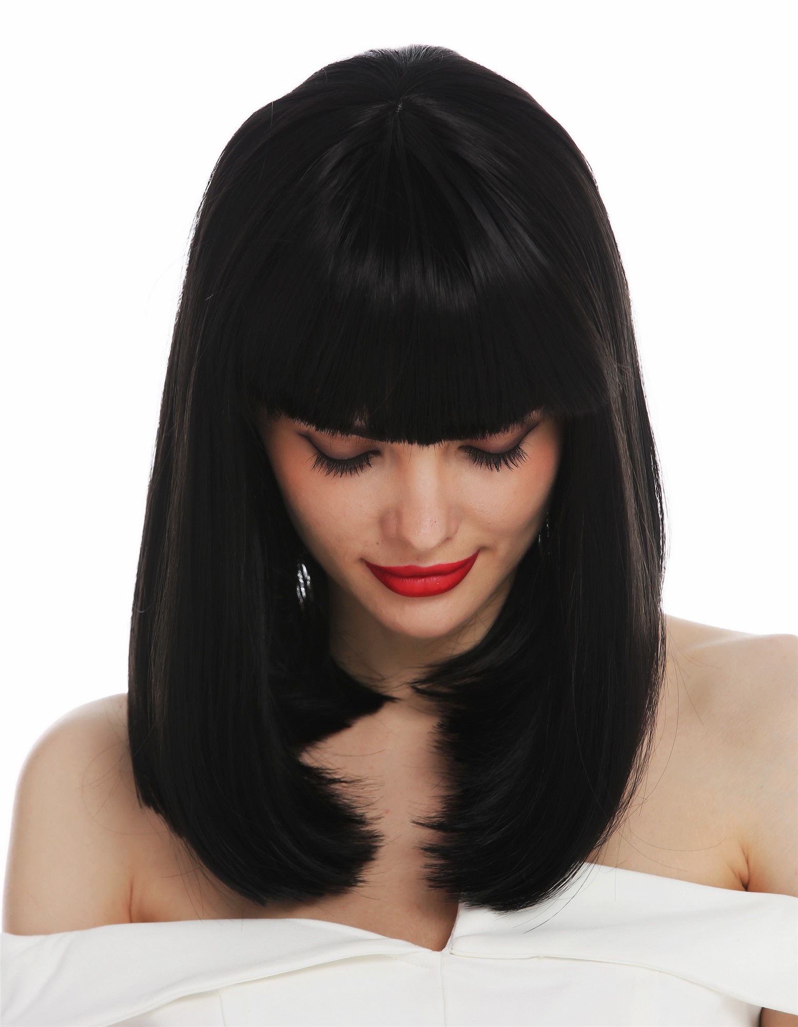 hochwertige Qualitätsperücken, Perücke schulterlang Clavi-Cut glatt Pony Schwarz VK-39-1B, Ansicht 4, WIG ME UP: Ihr Perücken Online Shop glatte Tressen-Perücke Samtschwarz schulterlange Haare für Damen