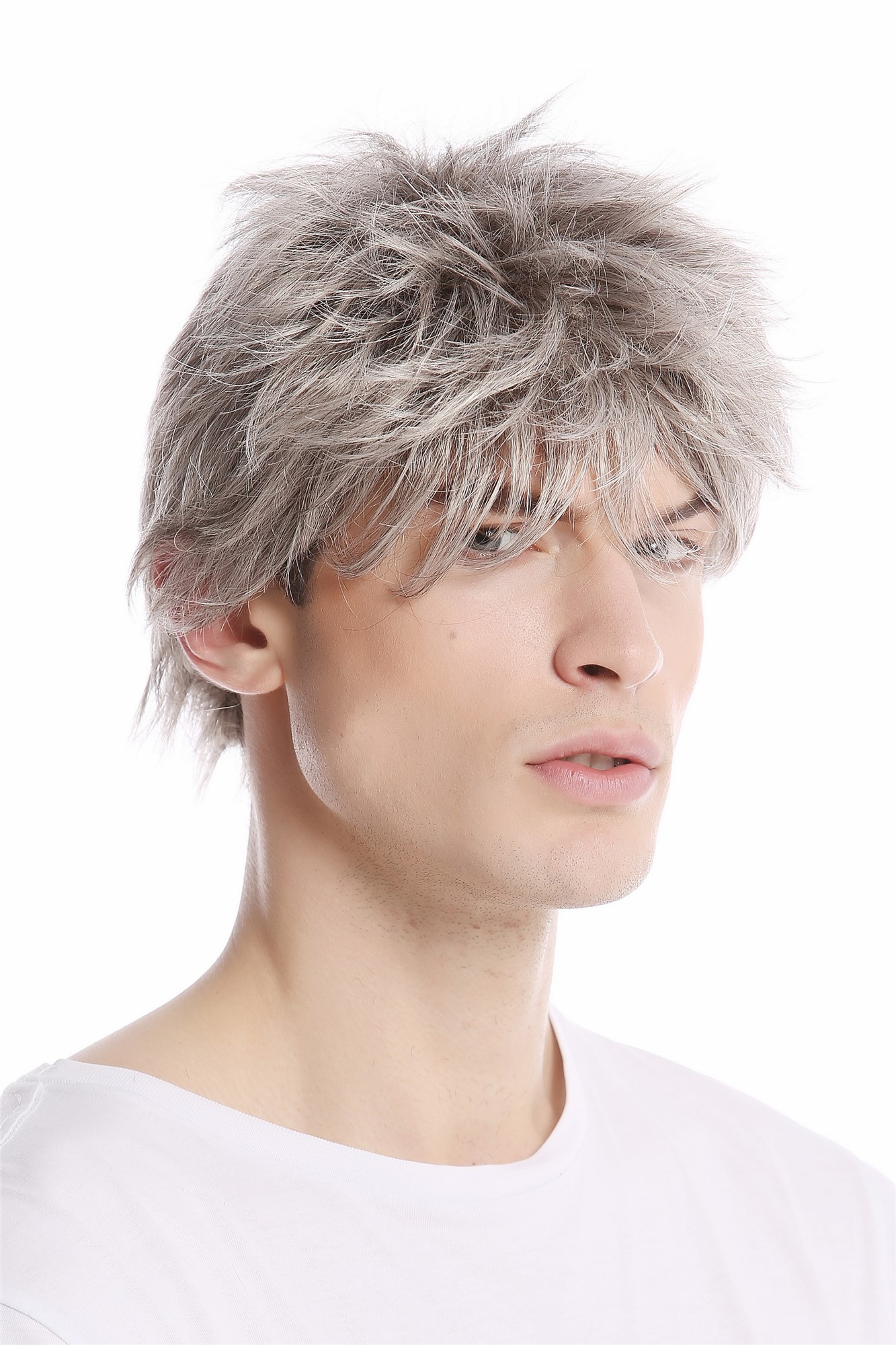 hochwertige Qualitätsperücken, Herren Perücke Wild Stürmisch-Struppig aufgestylt Kurz Hellgrau GFW1169-51, Vorderansicht, WIG ME UP: Ihr Perücken Online Shop wellige Tressen-Perücke Grau kurze Haare für Herren