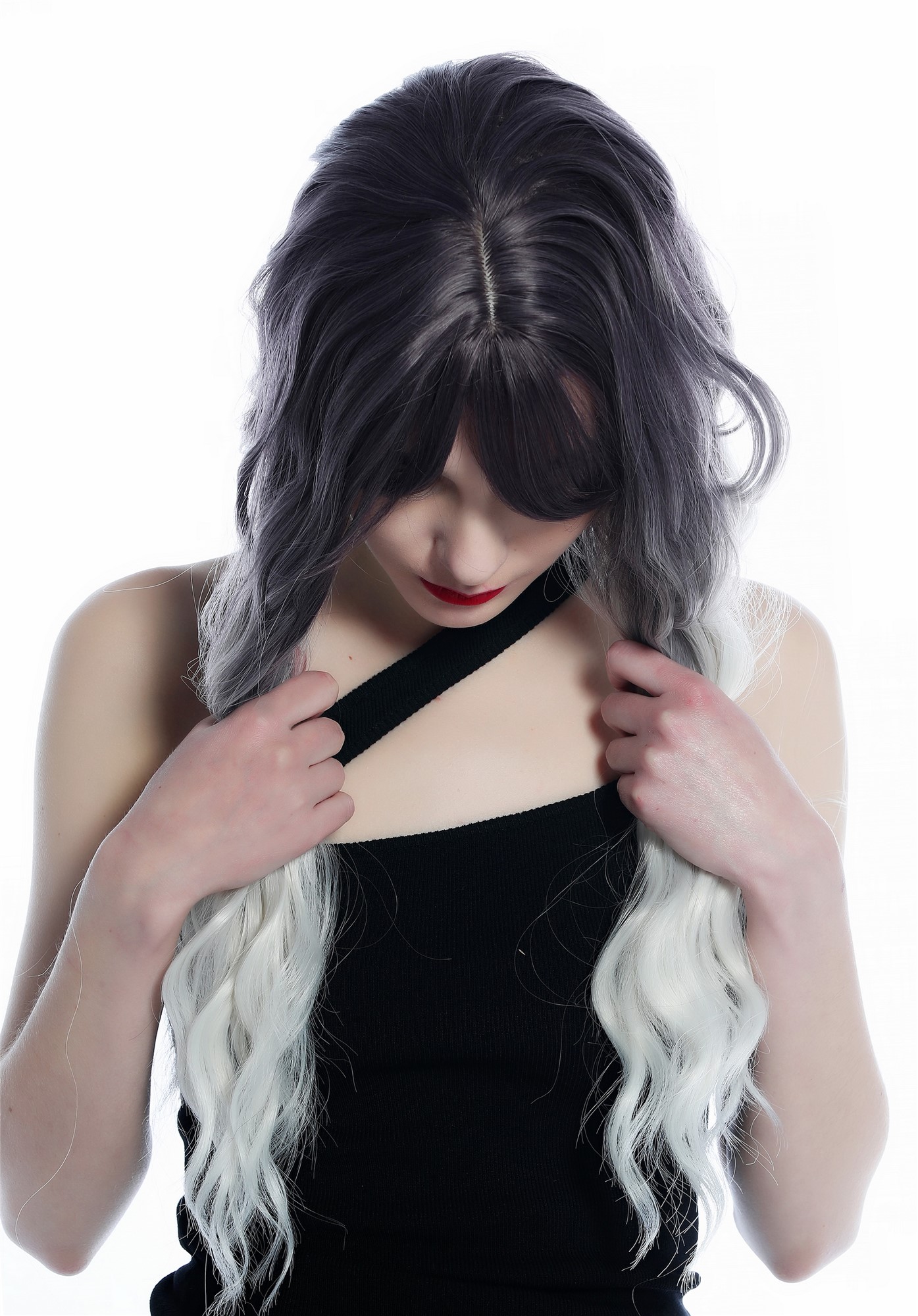 hochwertige Qualitätsperücken, Perücke lang stark gewellt Ombre dunkles Violett silbriges Blond SZL0816B-T-005, Ansicht 6, WIG ME UP: Ihr Perücken Online Shop wellige Tressen-Perücke mit Kopfhaut-Imitat Grauviolett-Silberblond-Verlauf lange Haare für Damen