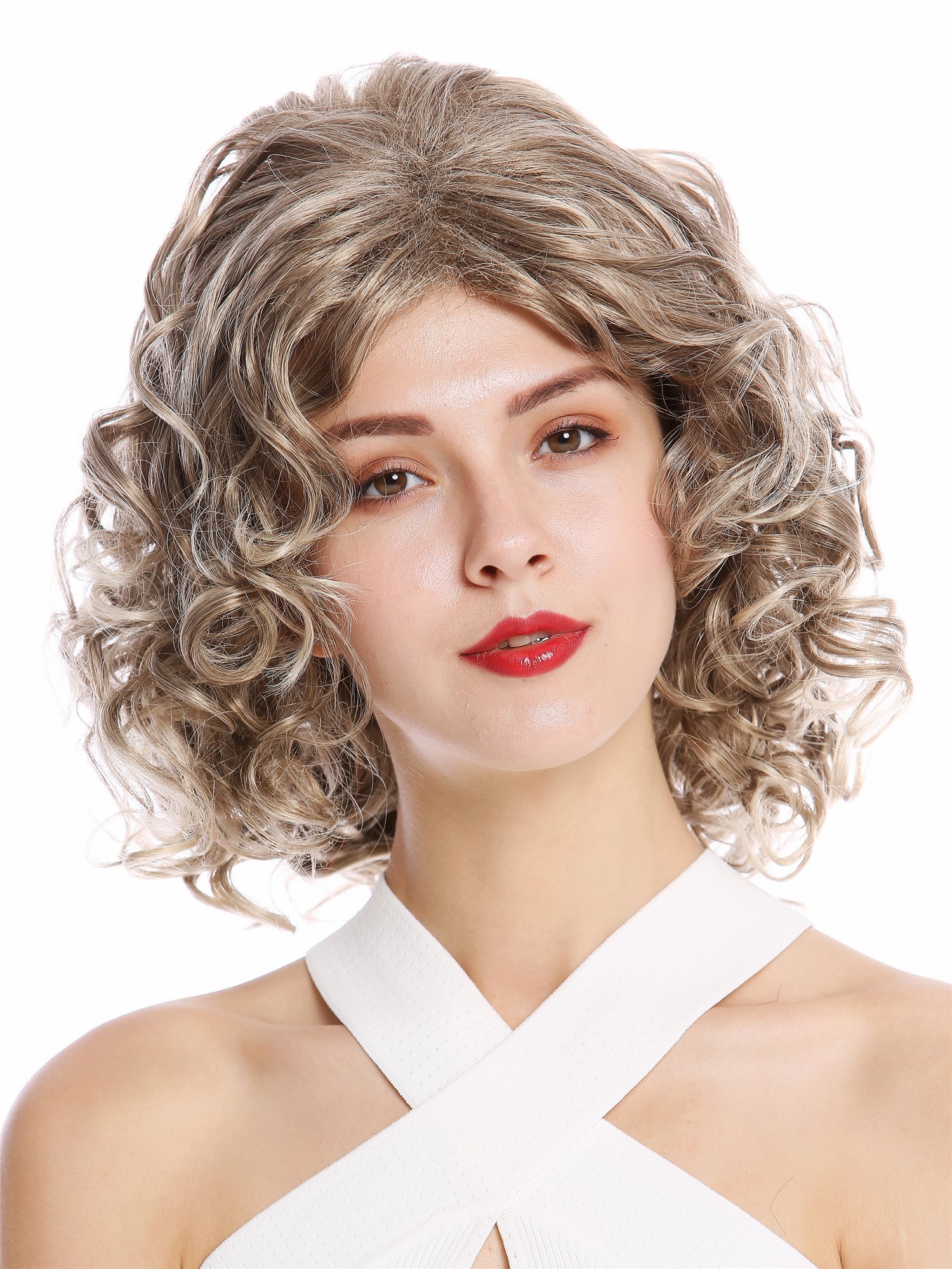 hochwertige Qualitätsperücken, Perücke schulterlang Locken Scheitel Blond Braun Aschblond GFW2128-18T22, Vorderansicht, WIG ME UP: Ihr Perücken Online Shop lockige Tressen-Perücke Braun-Blond-Mix schulterlange Haare für Damen