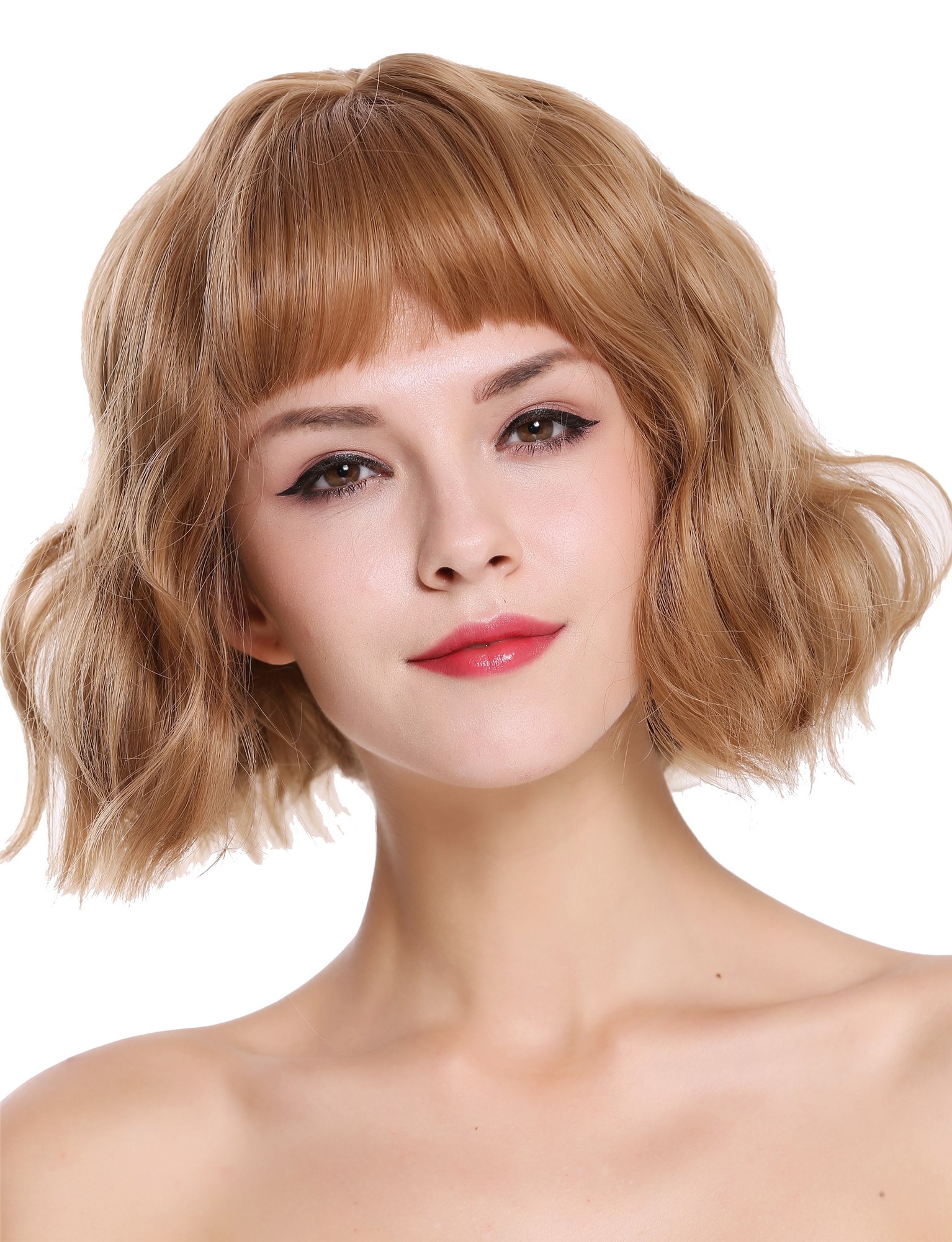 hochwertige Qualitätsperücken, Perücke kurz Pony Wellig Volumen Blond Gesträhnt DL-052-22/36, Vorderansicht, WIG ME UP: Ihr Perücken Online Shop wellige Tressen-Perücke mit Kopfhaut-Imitat Aschblond-Kupferblond-Mix kurze Haare für Damen