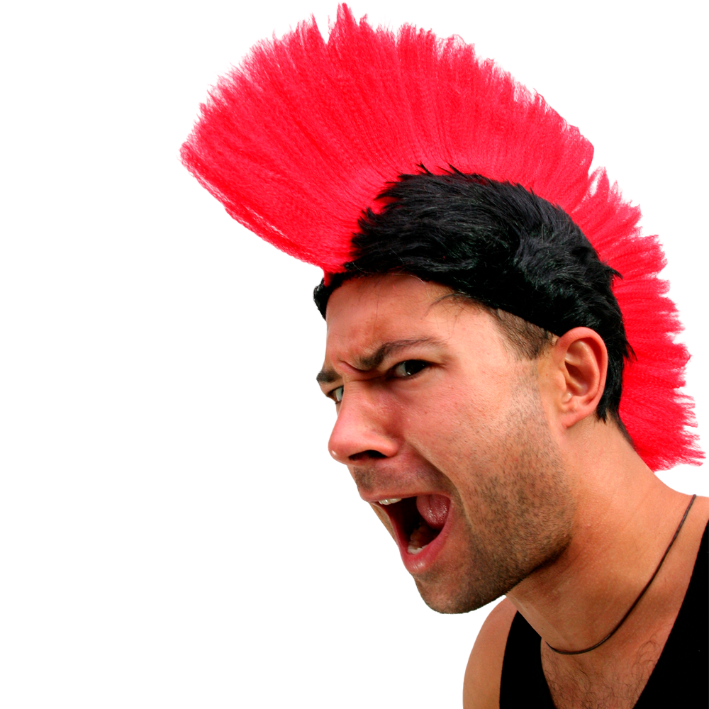 Punk Perücke mit Irokesen-Schnitt, die Haare am Kopf sind schwarz und der aufgestellte Irokese rot