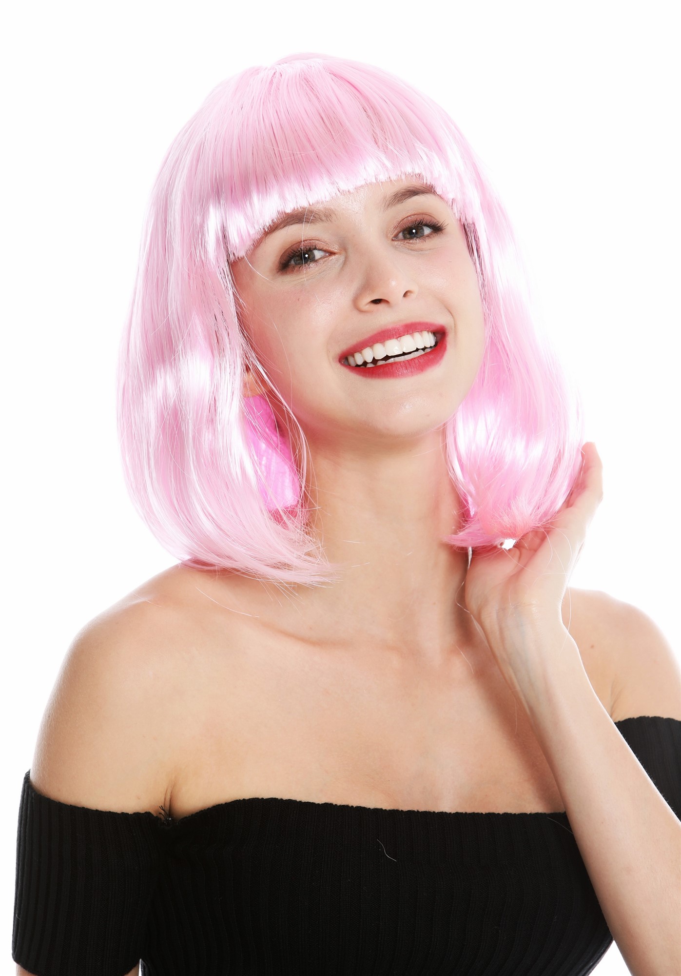 Lady Wig Halloween Carnival Disco bob longbob shoulder length bangs pink 0073, front view, WIG ME UP: Your Perücken Online Shop Party Wig, Ladies, light pink, straight, short
