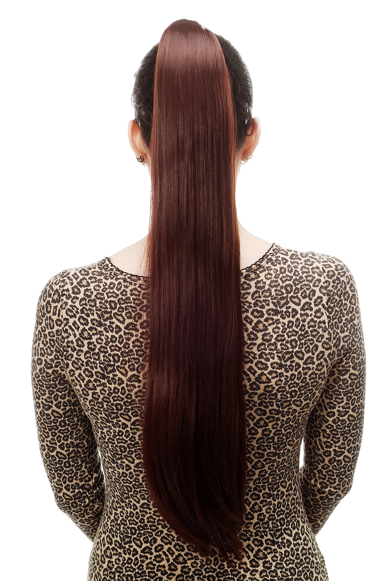 Hairpiece PONYTAIL with Claw Clamp/Clip extremely long straight & smooth dark red brown mahogany, front view, WIG ME UP: Your Perücken Online Shop Ponytails, chestnut brown, straight, long