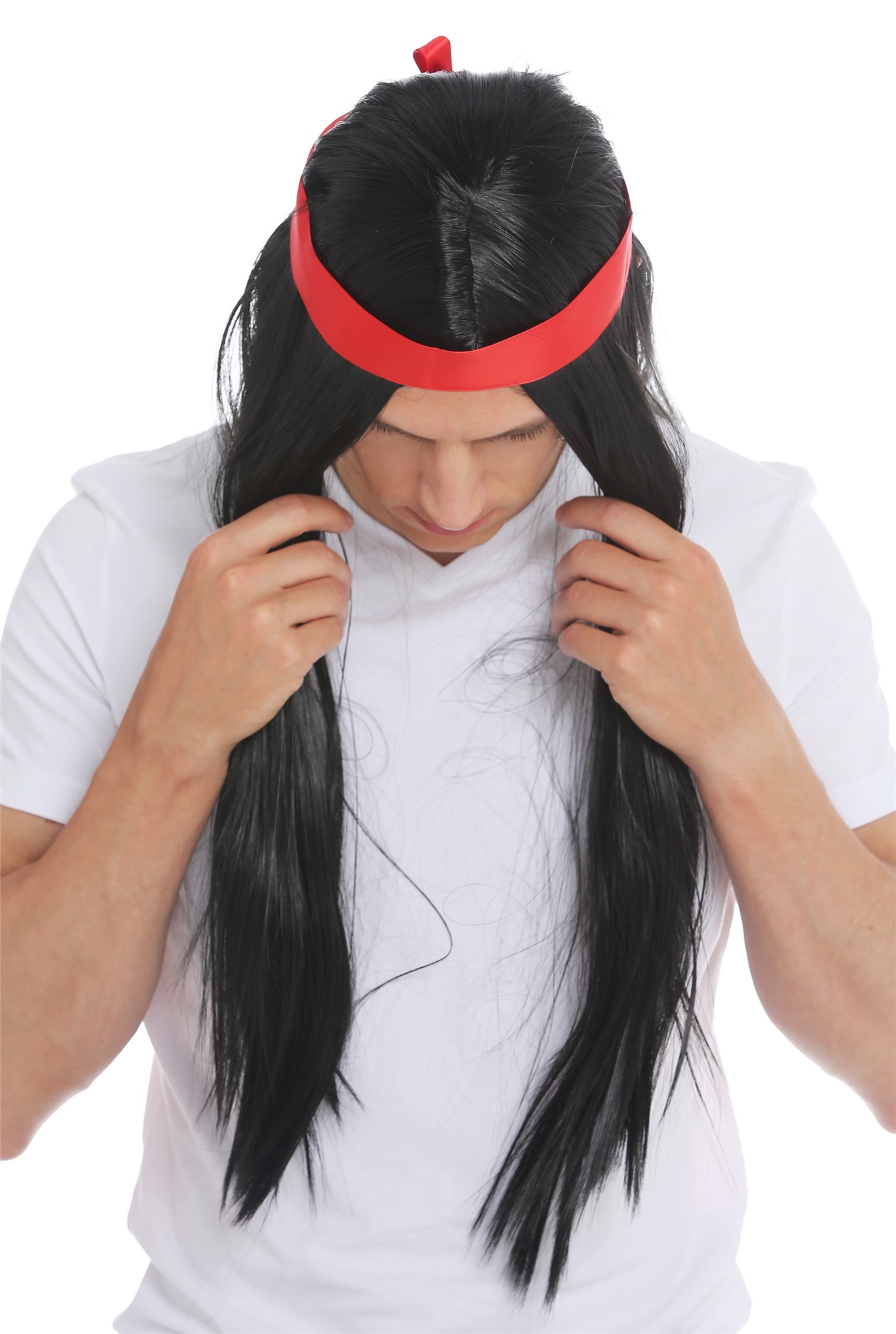 Wig men women 70's Native American black sleek middle parting head band 7093, view 6, WIG ME UP: Your Perücken Online Shop Party Wig, Unisex, pitch black, straight, long