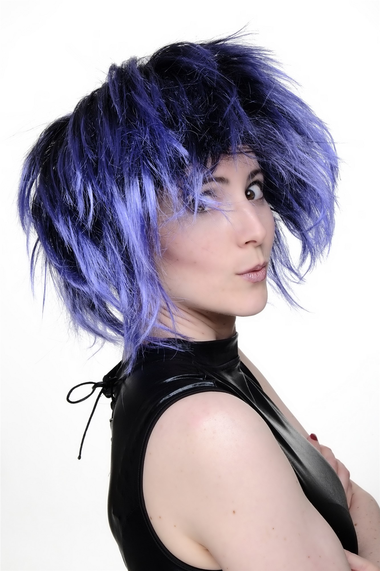 Party Wig for Halloween Fancy Dress Cosplay Blue Black Punk Wave 80s Disco Spikey Hair, view 4, WIG ME UP: Your Perücken Online Shop Party Wig, Ladies, blue-black, wavy, short