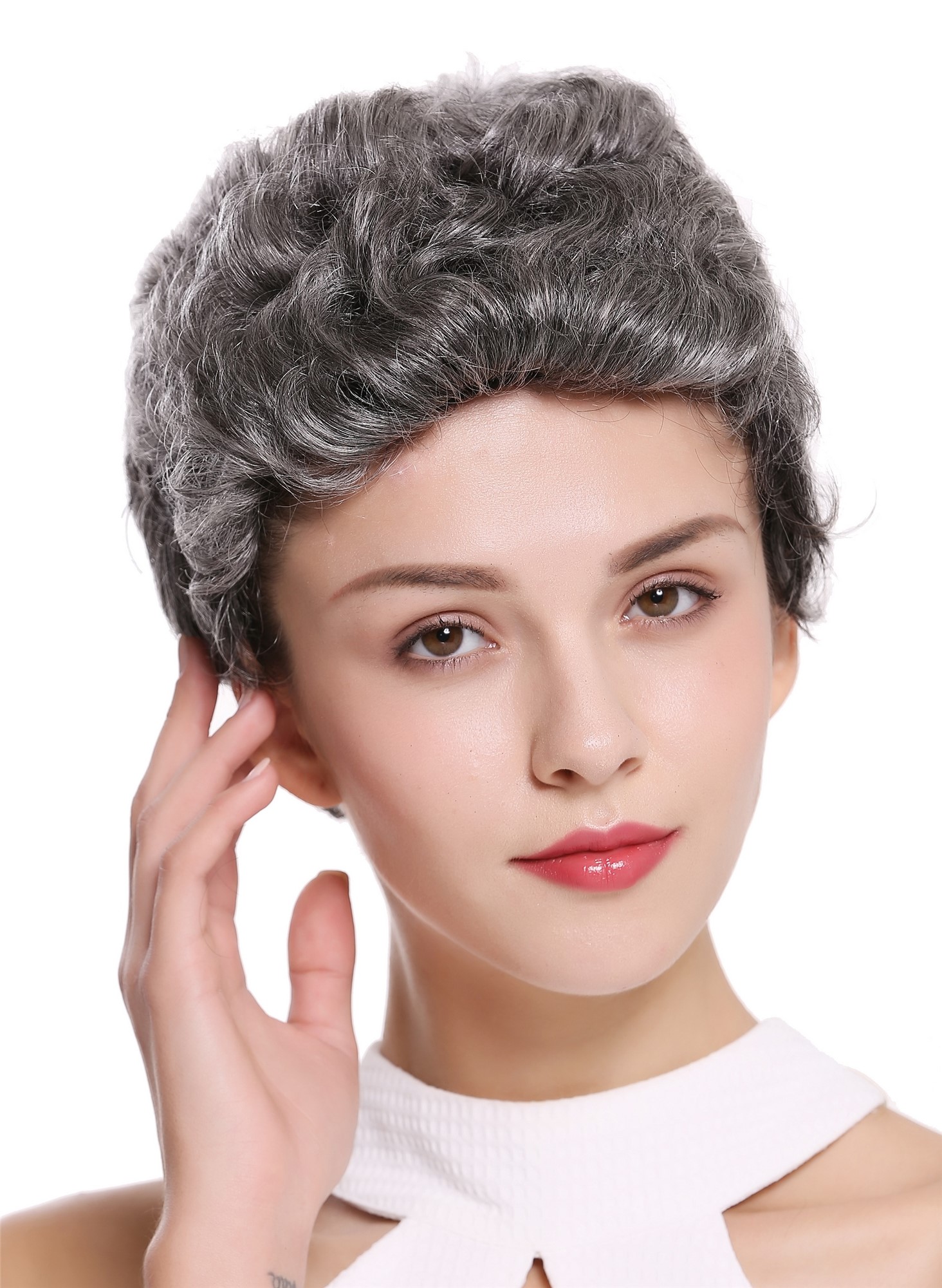 hochwertige Qualitätsperücken, Perücke Echthaar Herren Damen kurz Tolle Grau B-HH-12-GREY, Ansicht 3, WIG ME UP: Ihr Perücken Online Shop wellige Tressen-Perücke mit Klebeflächen 100% Echthaar Grau - Dunkelgrau kurze Haare für Unisex