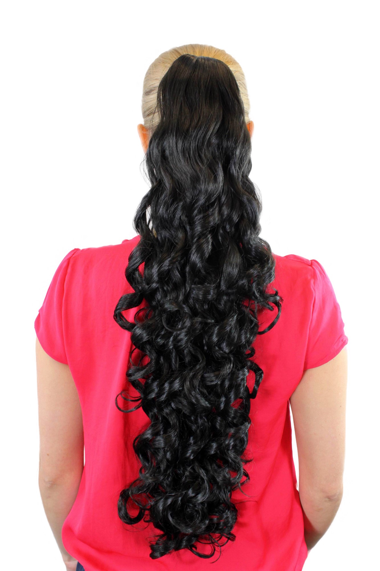 hochwertiges Haarteil Schwarz volle Locken Butterfly-Clip Extension JL-3112-1B, Vorderansicht, WIG ME UP: Ihr Perücken Online Shop lockiges Zopf-Haarteil Samtschwarz 70 cm lang