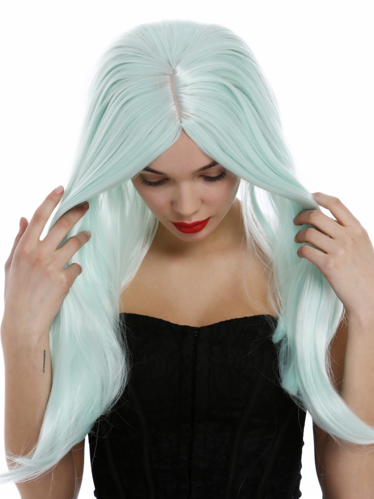 hochwertige Qualitätsperücken, Damen Perücke lang glatt Mittelscheitel Grün Hellgrün SA-151-T5507, Ansicht 6, WIG ME UP: Ihr Perücken Online Shop glatte Tressen-Perücke mit Kopfhaut-Imitat Hellgrün lange Haare für Damen
