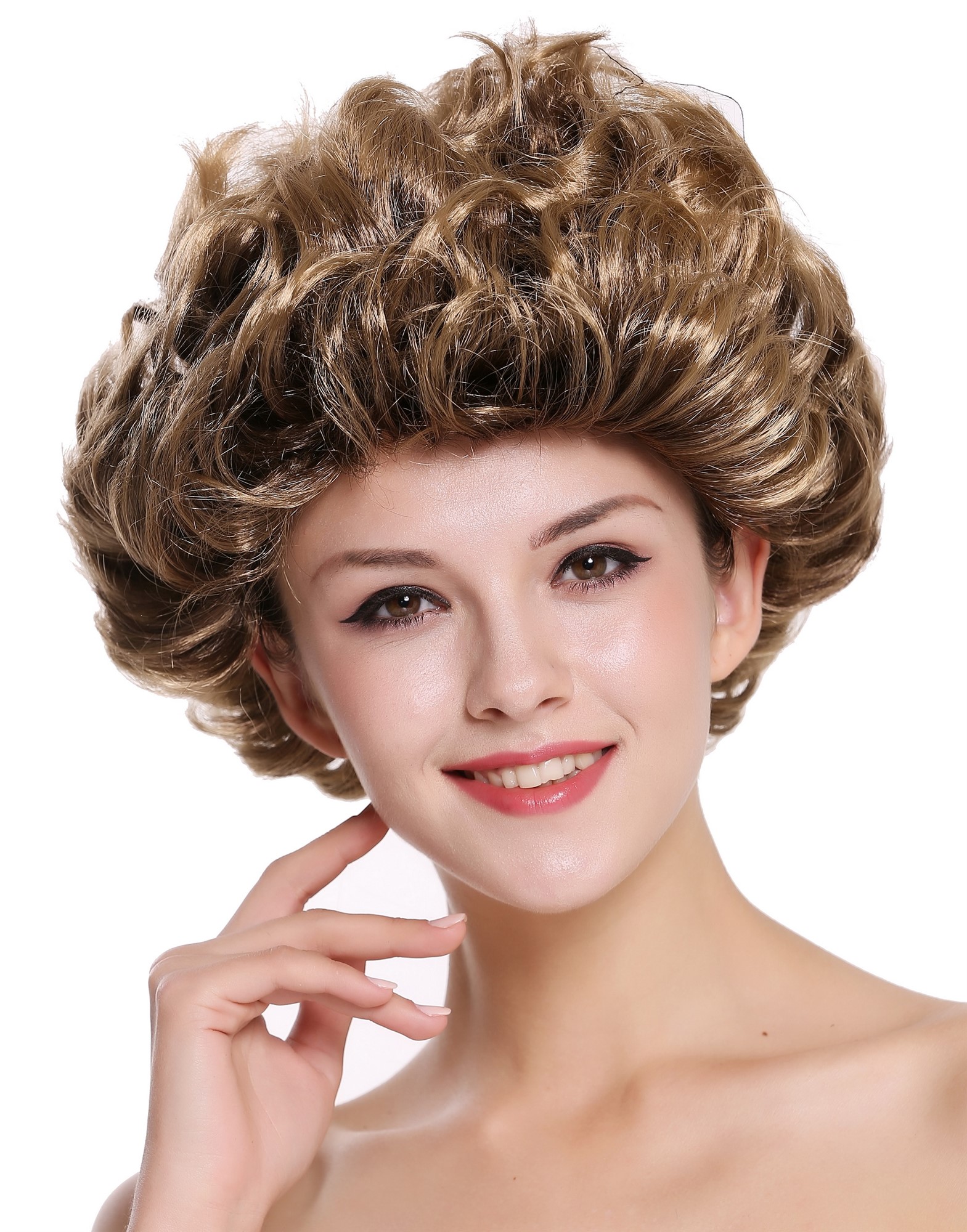 Lady Party Wig short curled retro 80s older lady brown blond highlights 91097, view 4, WIG ME UP: Your Perücken Online Shop Party Wig, Ladies, Brown, wavy, short