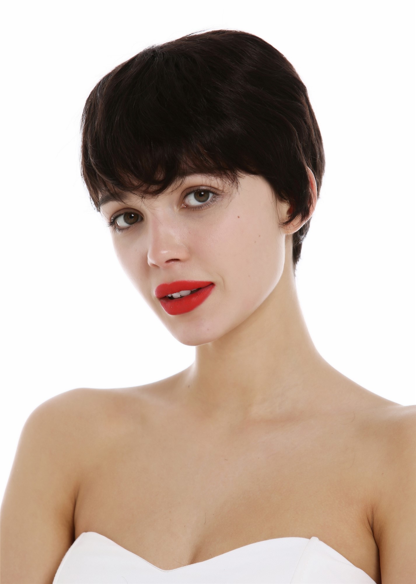 hochwertige Qualitätsperücken, Perücke Echthaar Damen Herren kurz Bowl Cut wellig Schwarzbraun DW3107 HH-2, Ansicht 5, WIG ME UP: Ihr Perücken Online Shop glatte Tressen-Perücke Schwarzbraun kurze Haare für Damen