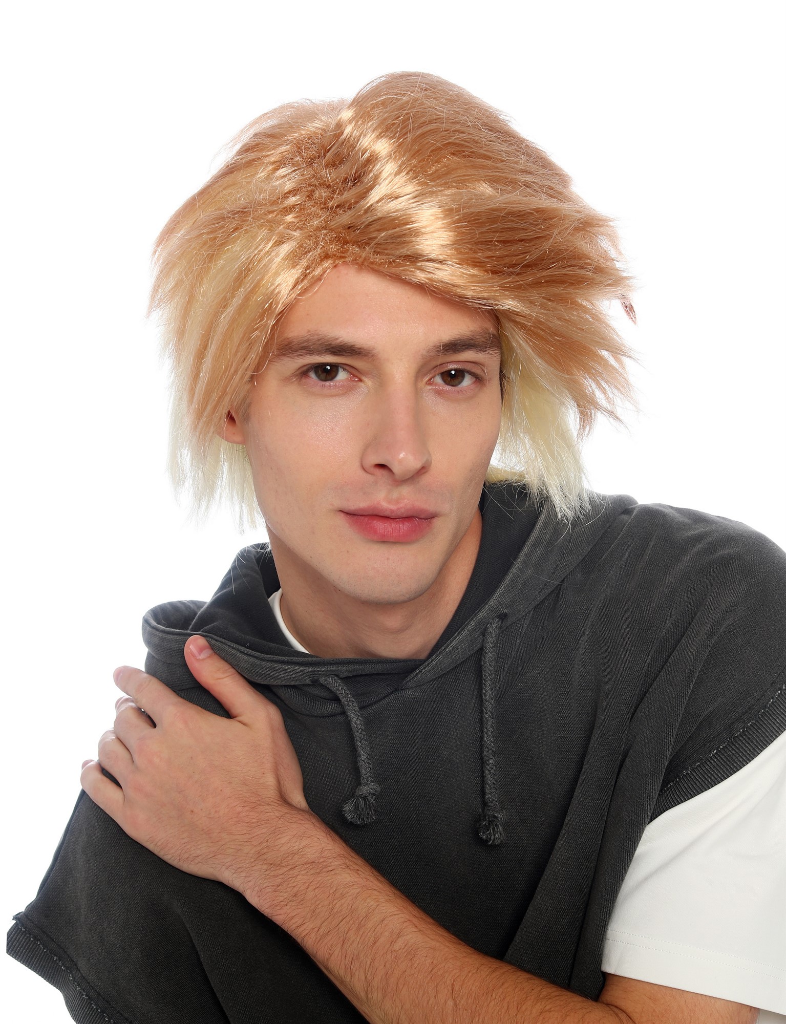 wellige Party-Perücke Blond mit Hellblond und roter Strähne 35 cm lange Perücke für Unisex