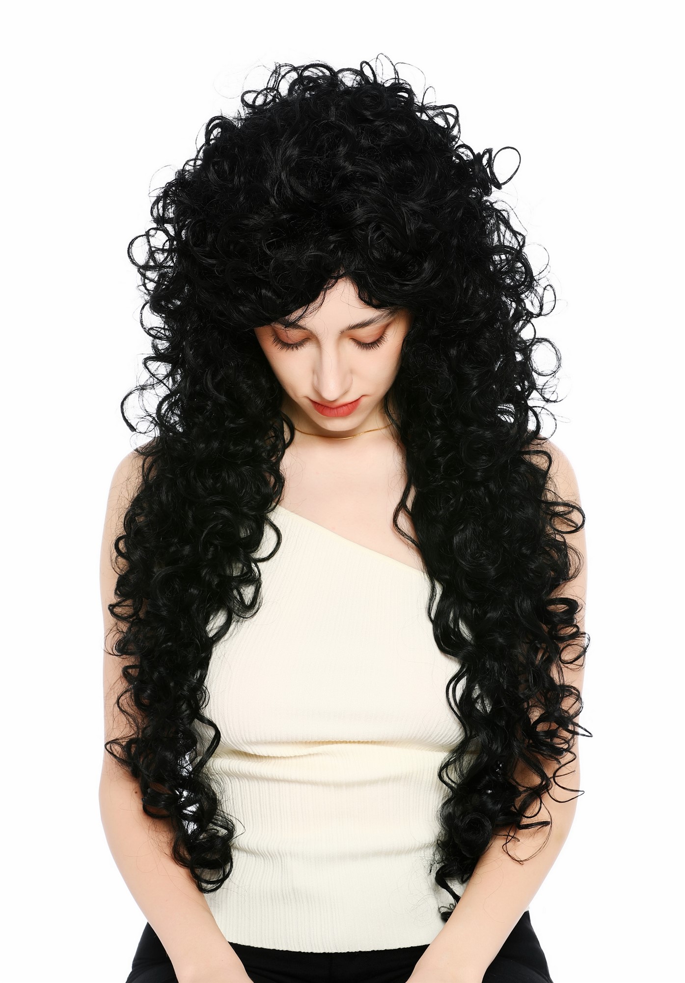 Perücke Damen sehr lang wild gelockt Locken Schwarz Tiefschwarz 80 cm VK-59-1