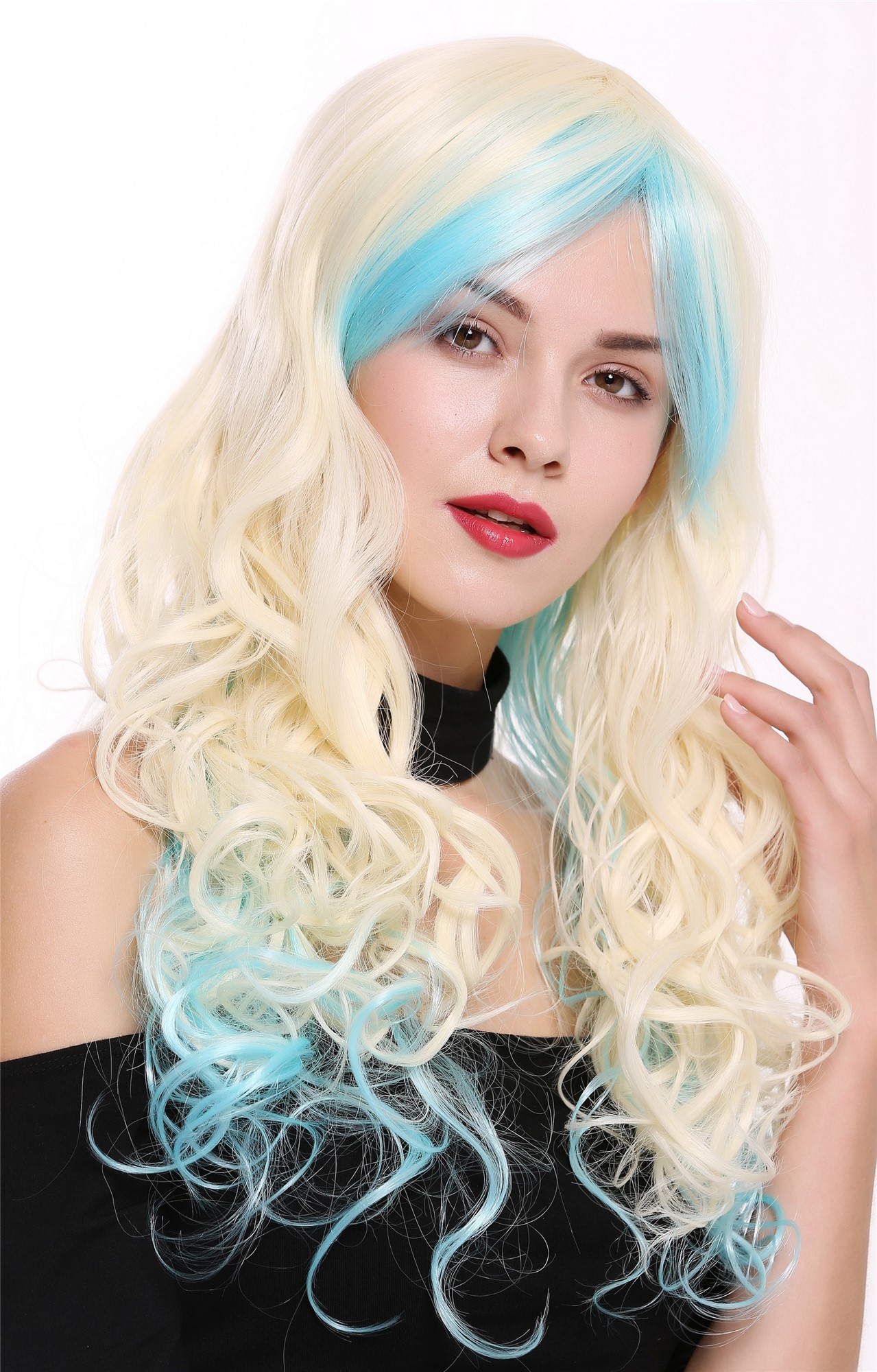 Lady Women Cosplay Wig long curled curls parting platinum blue mix YZF-7183, view 2, WIG ME UP: Your Perücken Online Shop Quality Wigs, Ladies, blonde-blue mix, curled, long