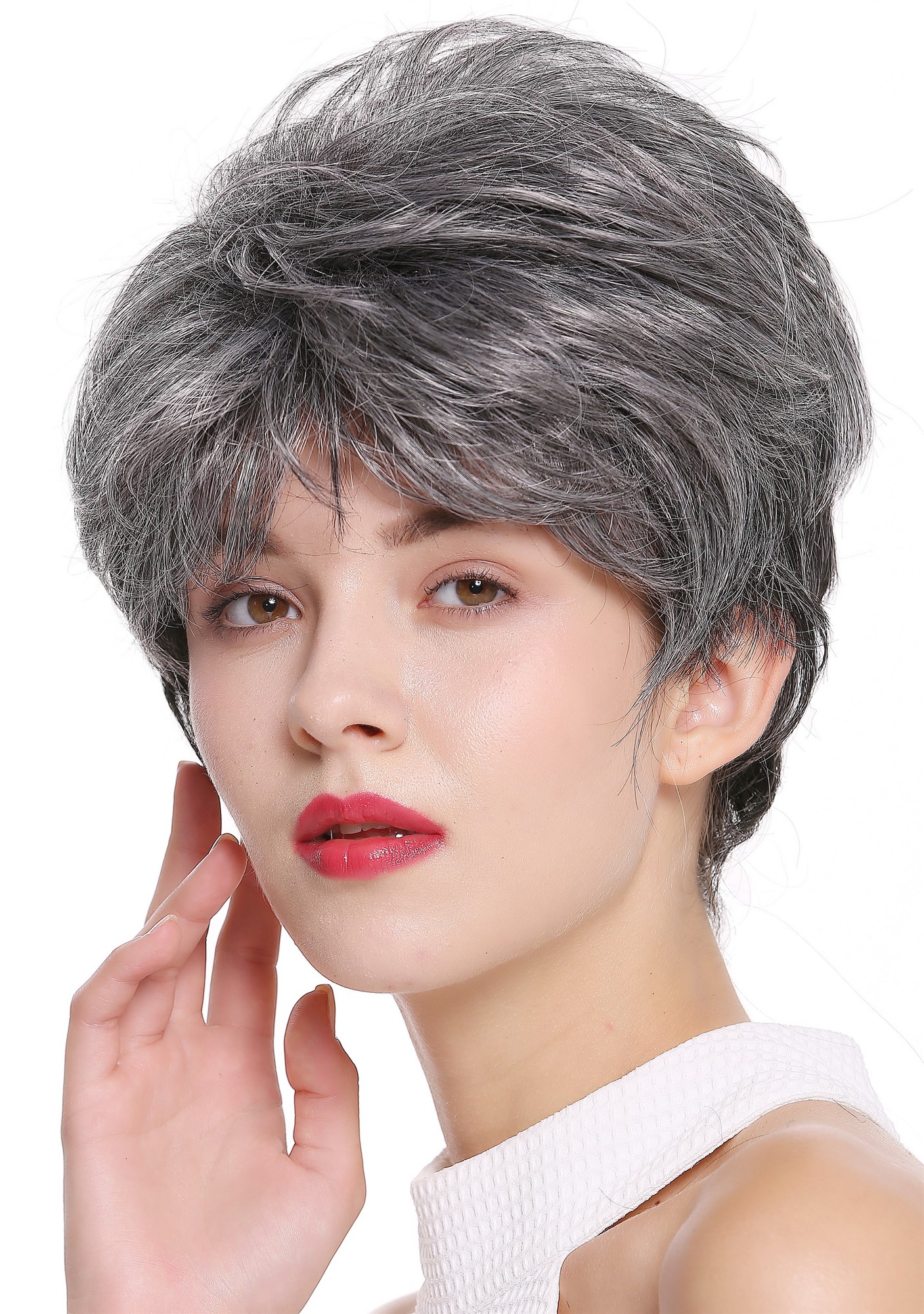 hochwertige Qualitätsperücken, Perücke kurz voluminös dunkles Grau meliert DW2461-DF1202, Ansicht 3, WIG ME UP: Ihr Perücken Online Shop glatte Tressen-Perücke Silbergrau-Schwarz kurze Haare für Damen