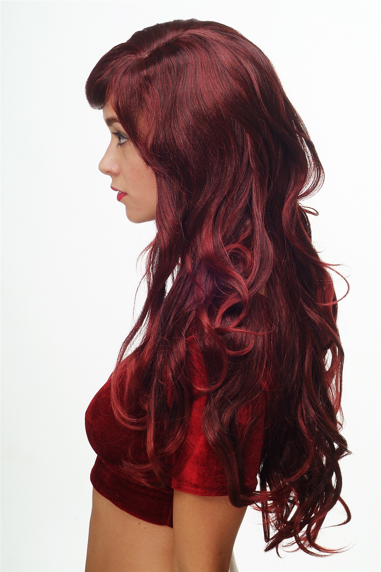 hochwertige Qualitätsperücken, Perücke lang wallendes Haar wellig leicht lockig Schwarz-Rot-Mix 9204S-1BT39, Ansicht 2, WIG ME UP: Ihr Perücken Online Shop lockige Tressen-Perücke mit Kopfhaut-Imitat Samtschwarz-Granatrot lange Haare für Damen