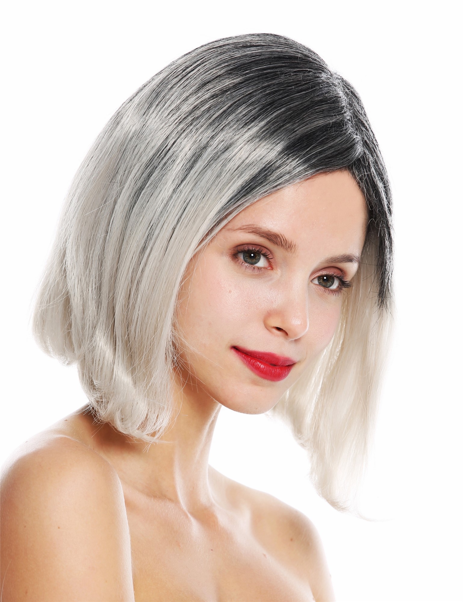 hochwertige Qualitätsperücken, Perücke kurz Scheitel Ombre Schwarz Grau GFW3131-silvergray+T1306+1, Ansicht 3, WIG ME UP: Ihr Perücken Online Shop glatte Tressen-Perücke Grau-Schwarz-Mix kurze Haare für Damen