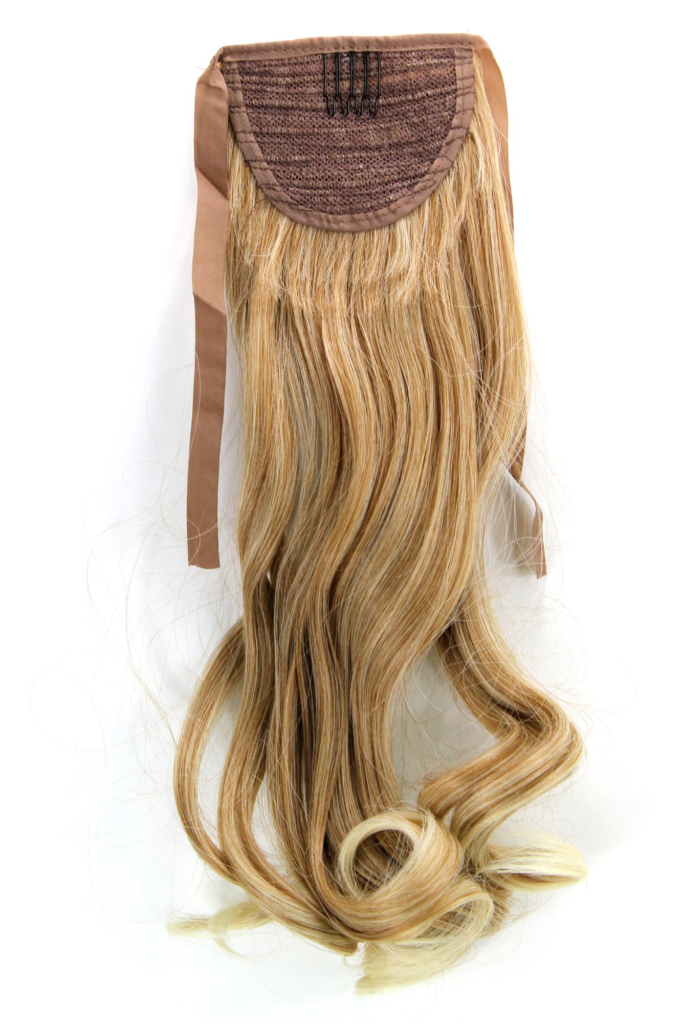 YZF-TC18-2788 Hairpiece Pontail Pigtail extension slim light wavy comb and ribbon strawberry blond mix streaked bright blond highlights 18", view 2, WIG ME UP: Your Perücken Online Shop Ponytails, copper-light-blonde mix, wavy, shoulder-length