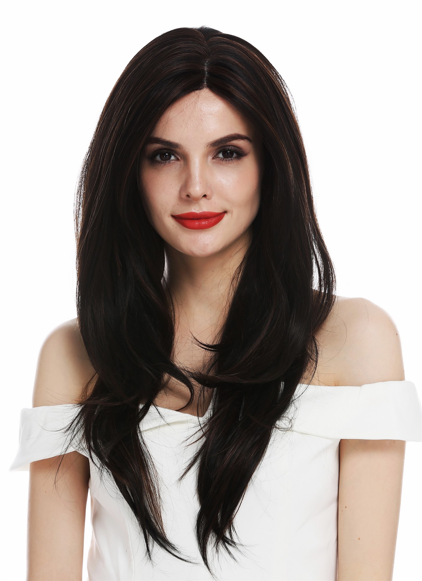 hochwertige Qualitätsperücken, Perücke Lace-Front Monofilament lang sleek glatt schwarzbraun kupferbraun gesträhnt DW2768-MF-2H30, Vorderansicht, WIG ME UP: Ihr Perücken Online Shop glatte Tressen-Perücke mit Teil-Mono Oberkopf, Front-Lace Schwarz-Braun-Mix lange Haare für Damen