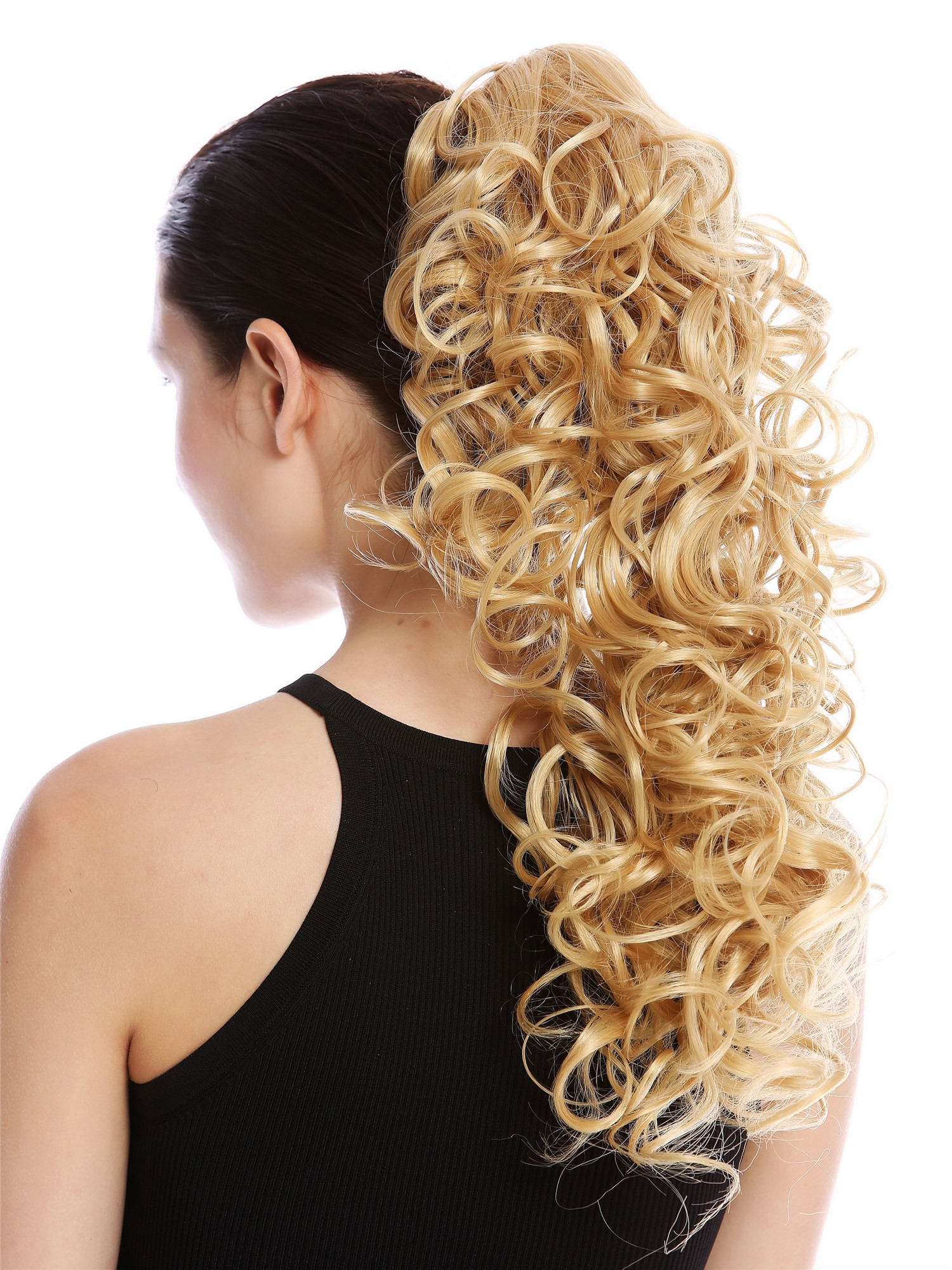 hochwertiger Zopf Pferdeschwanz Locken Lang Goldblond MKB-6A-V-124, Vorderansicht, WIG ME UP: Ihr Perücken Online Shop lockiges Zopf-Haarteil Goldblond 45 cm lang