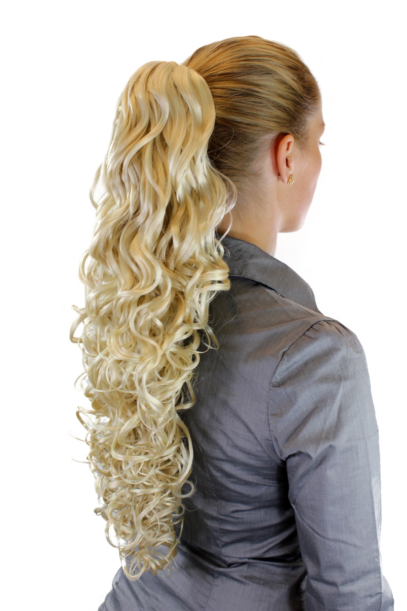 Ponytails, platinum blonde, curled, long