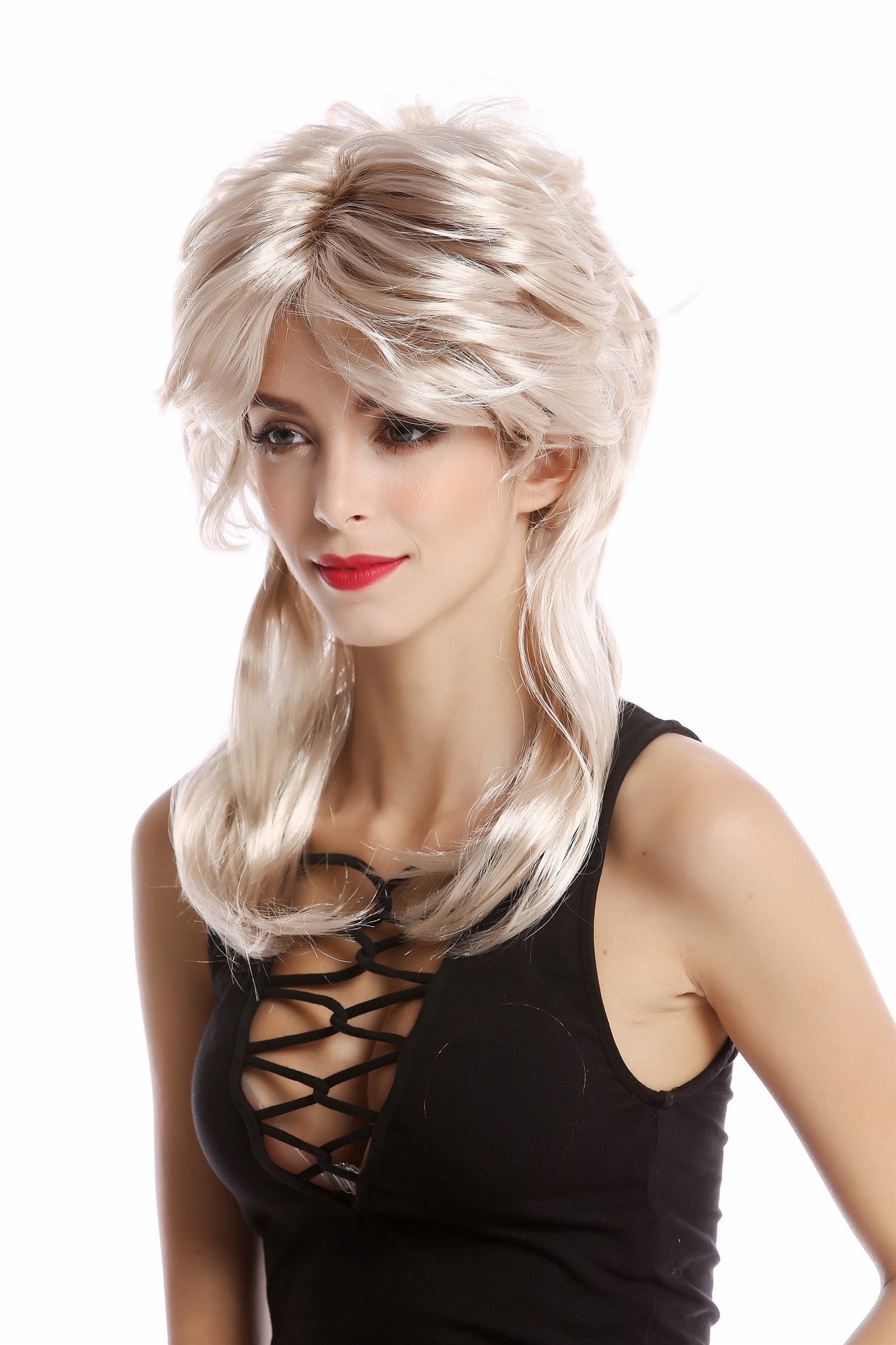 Wig Lady Women Halloween Carnival Cosplay 80s mullet style teased hairdo wavy Movie Star Diva blond, front view, WIG ME UP: Your Perücken Online Shop Party Wig, Ladies, Blonde, wavy, shoulder-length