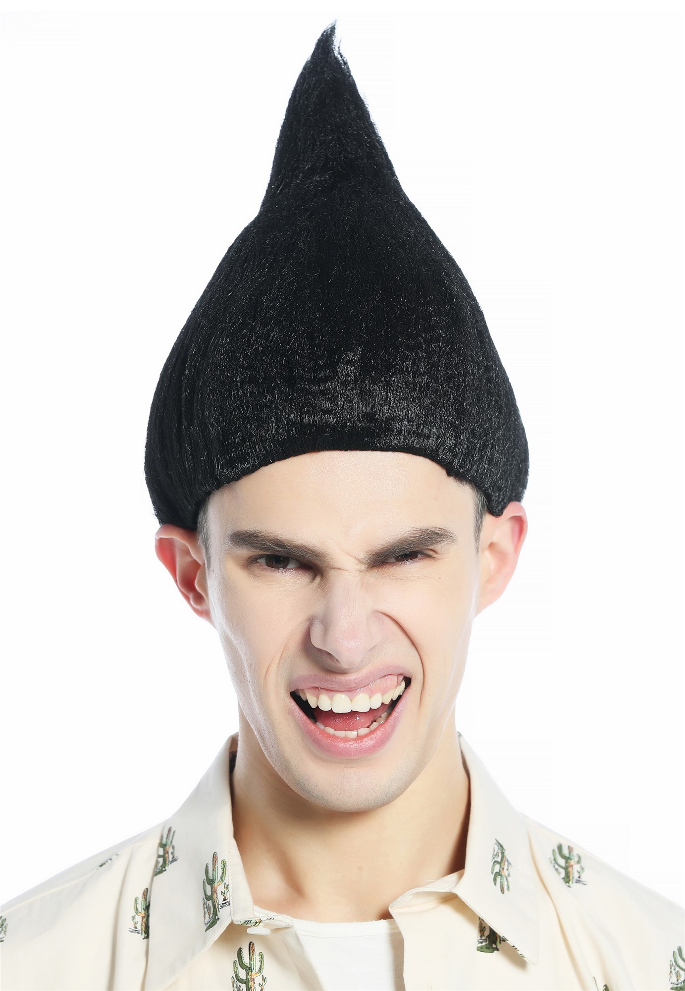 Wig Men Women teased raised pointy black closed flower bud troll puck CW-057, front view, WIG ME UP: Your Perücken Online Shop Party Wig, Unisex, Black, wavy, short