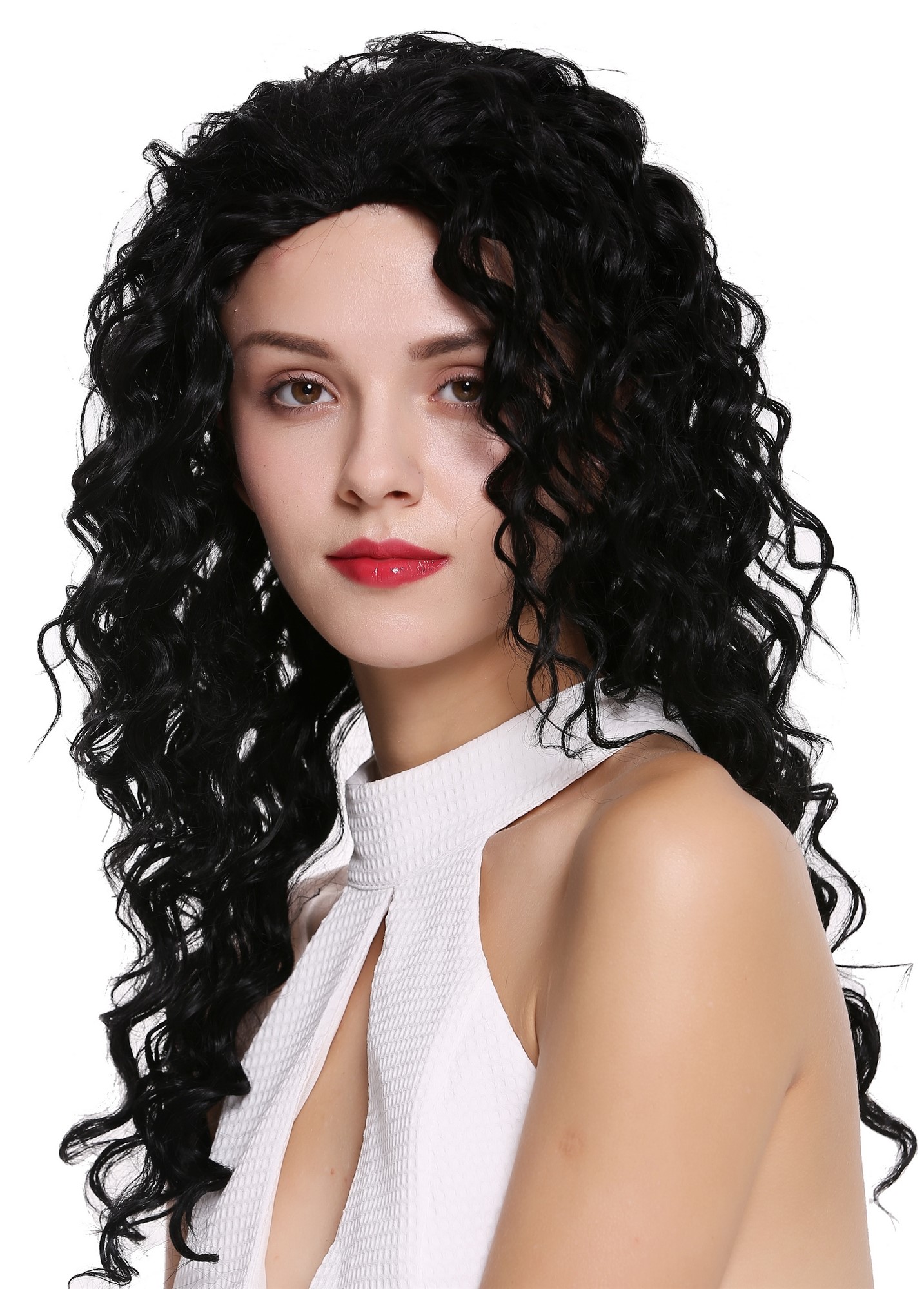 hochwertige Qualitätsperücken, Halbperücke 3/4 Perücke lang gelockt schwarz AG-1, Ansicht 4, WIG ME UP: Ihr Perücken Online Shop lockige Tressen-Perücke mit Gummizug Schwarz lange Haare für Damen