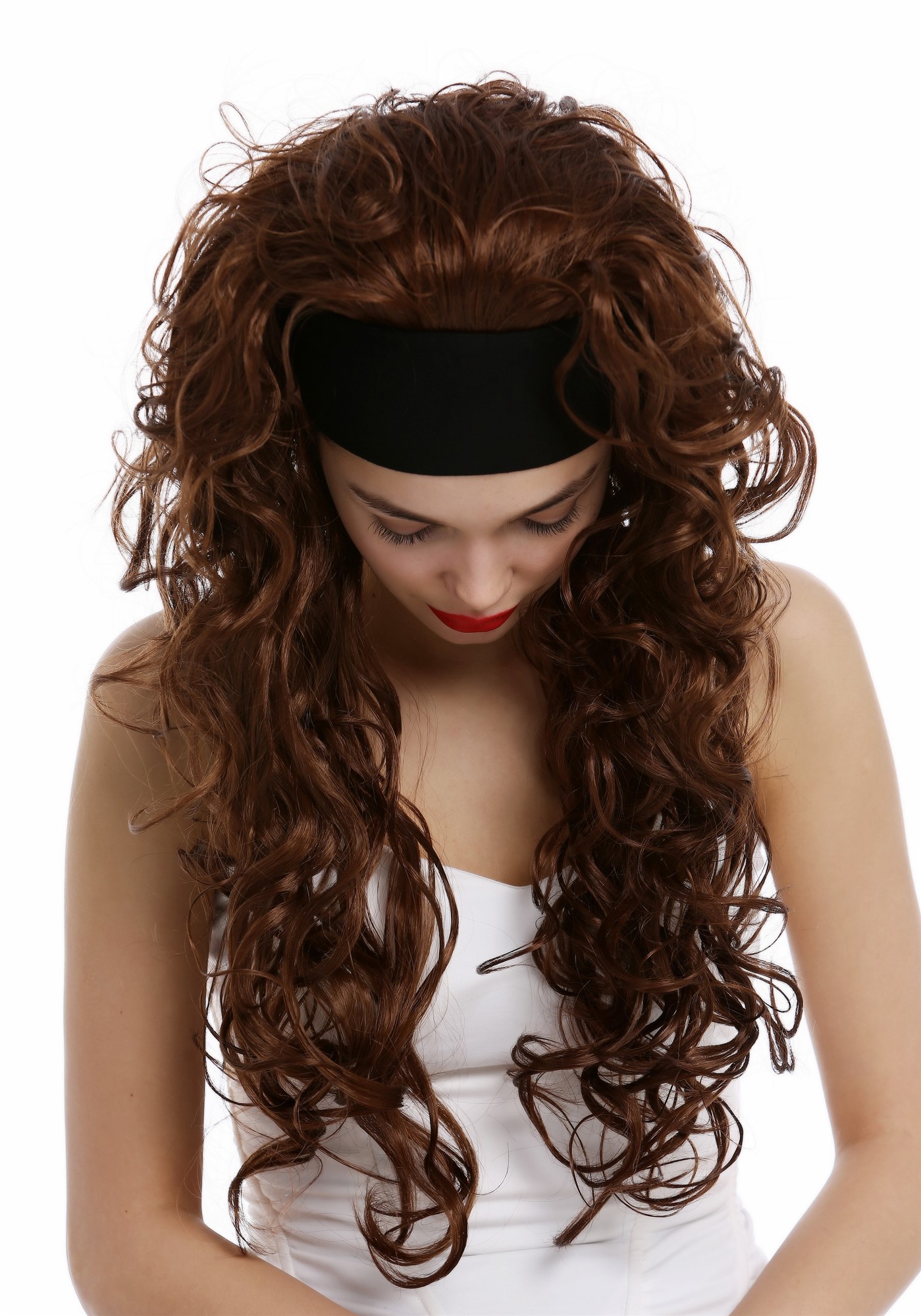 hochwertige Qualitätsperücken, Perücke Stirnband lang gelockt Kupferbraun Rotbraun VK-27-30, Ansicht 4, WIG ME UP: Ihr Perücken Online Shop lockige Tressen-Perücke mit Stirnband Kupferbraun lange Haare für Damen