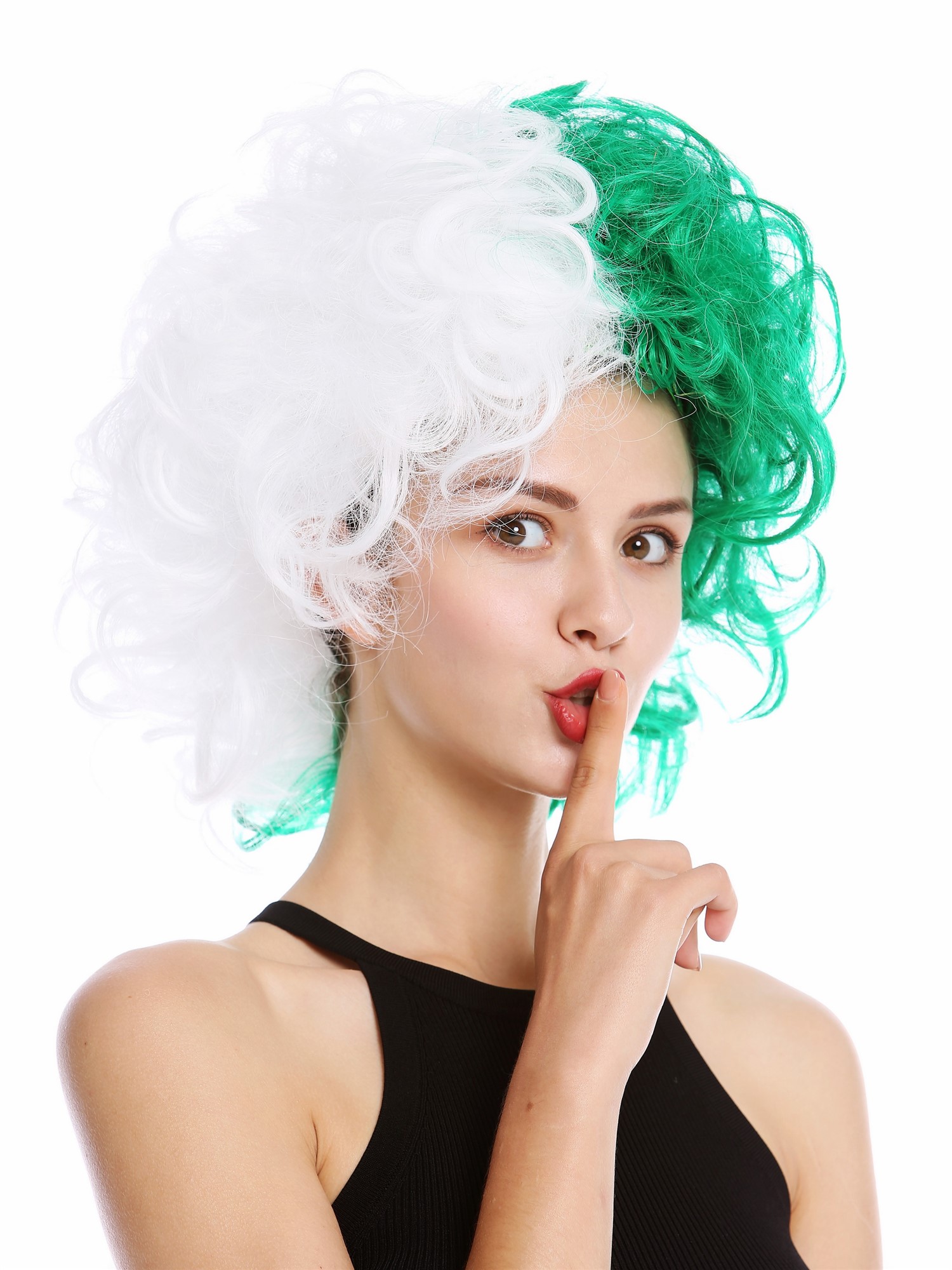 Lady Man Party Wig Crazy Diva curly unruly curled half white half green 91344, front view, WIG ME UP: Your Perücken Online Shop Party Wig, Unisex, Green-White, curled, short