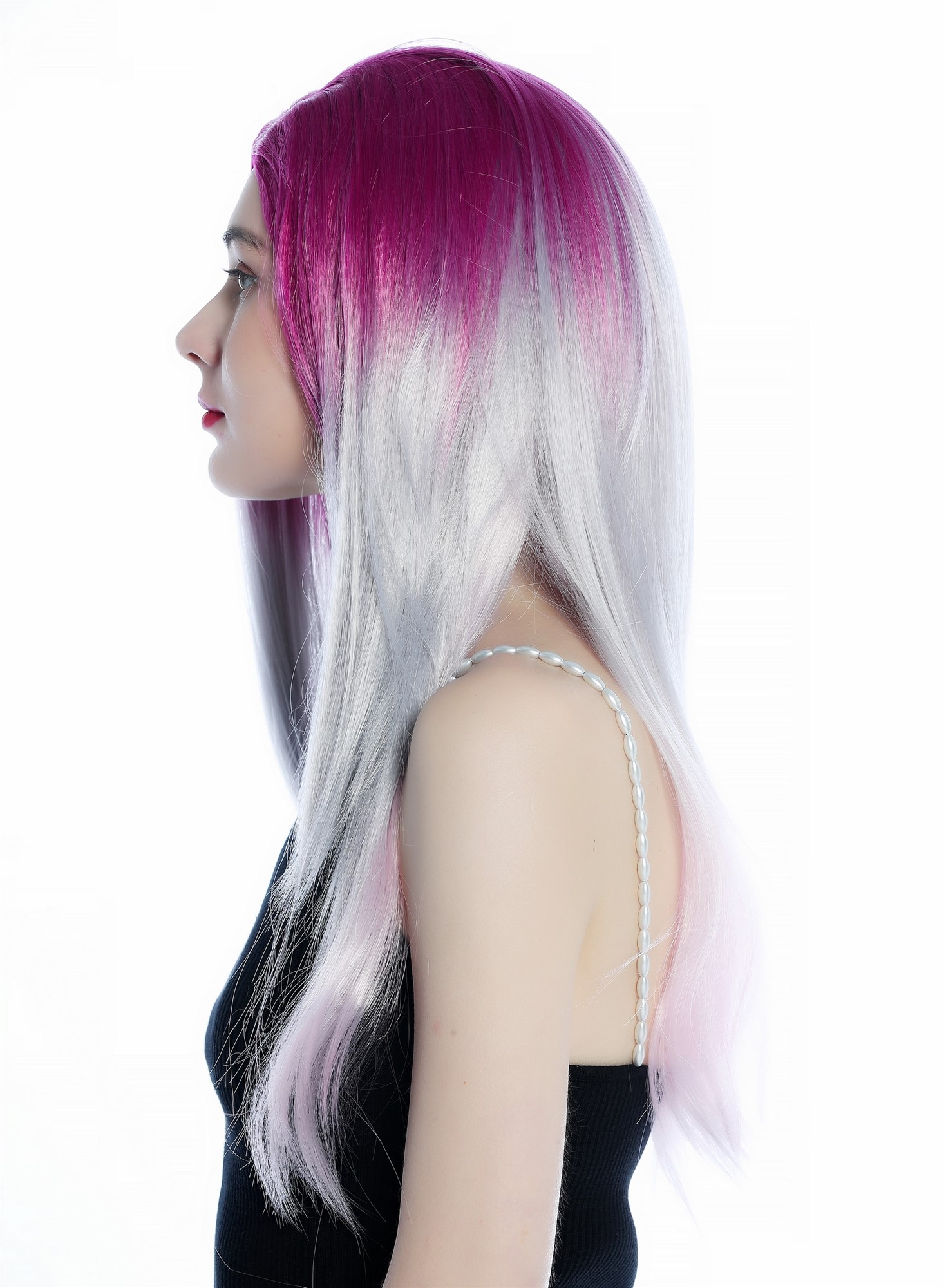 hochwertige Qualitätsperücken, Perücke lang glatt Mittelscheitel Ombre Balayage Grau Pink Rosa ZM-1031-R20140, Ansicht 2, WIG ME UP: Ihr Perücken Online Shop glatte Tressen-Perücke mit Kopfhaut-Imitat Pink-Silbergrau-Rosa-Verlauf lange Haare für Damen