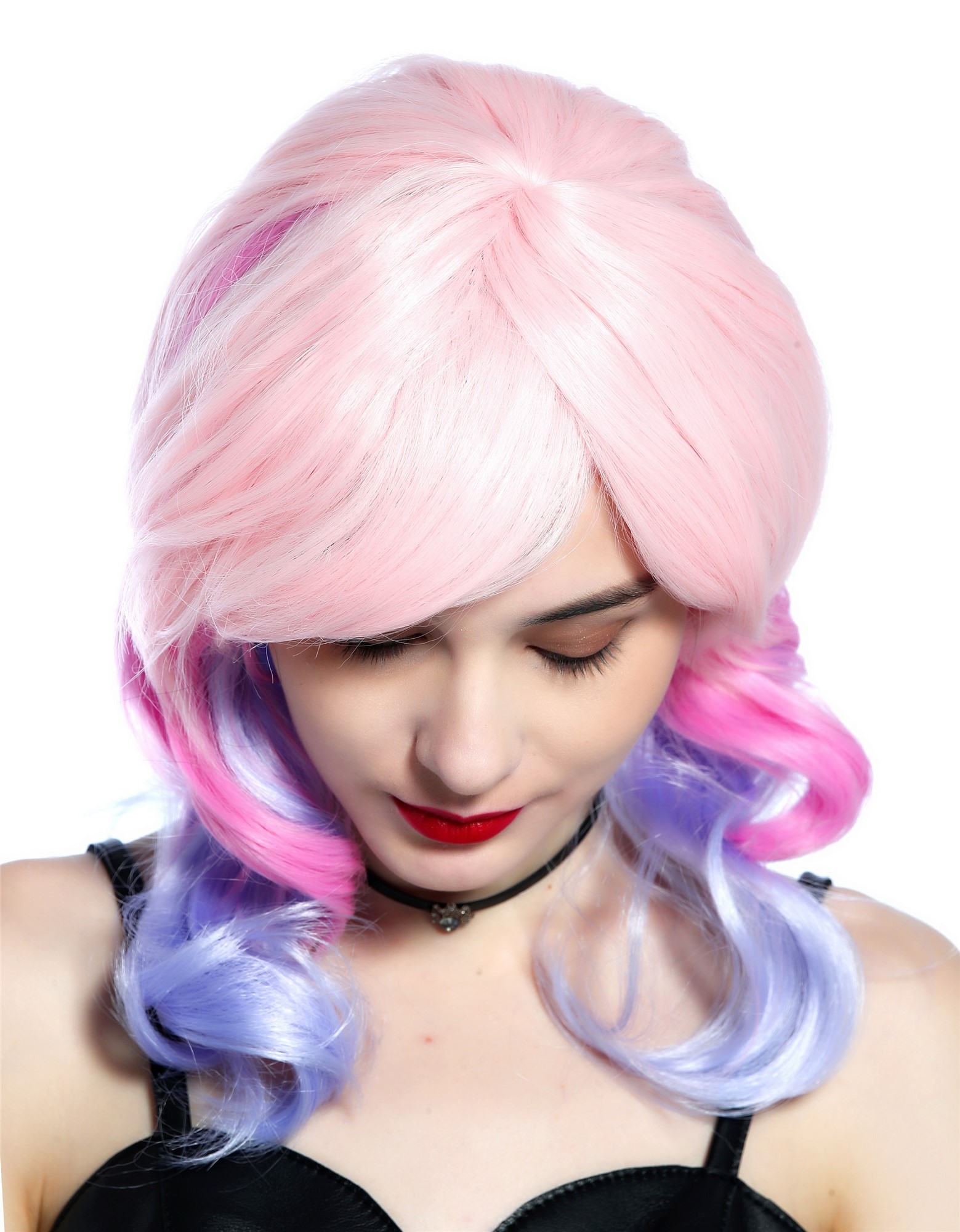 Party Wig, Ladies, Top of the head light pink hatline pink neck light purple, wavy, long