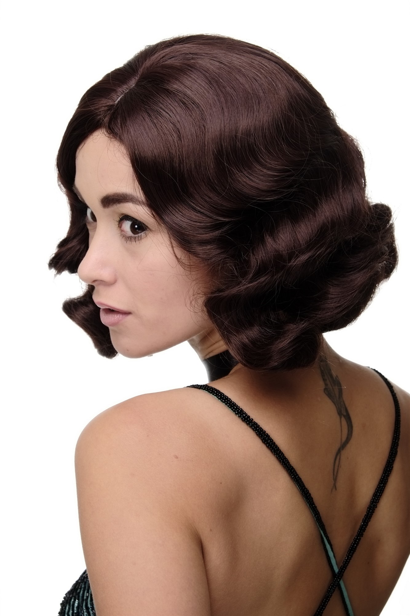 hochwertige Qualitätsperücken, Perücke 20er Jahre Swing Charleston Kastanienbraun GFW1726-33, Ansicht 4, WIG ME UP: Ihr Perücken Online Shop wellige Tressen-Perücke mit Kopfhaut-Imitat Kastanie kurze Haare für Damen