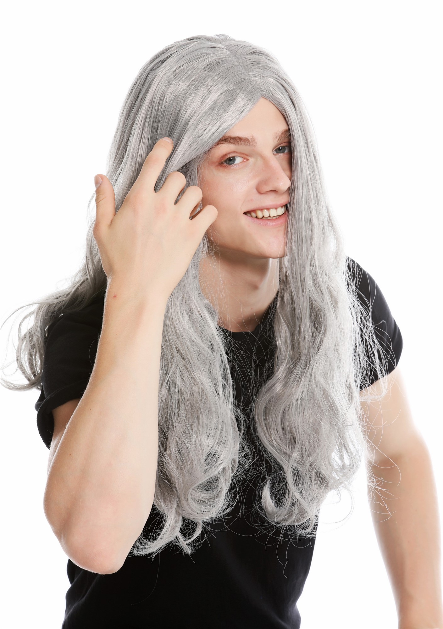 günstige Party Perücke, Perücke lang wild Mittelscheite Grau LM-155-ZA68E, Ansicht 2, WIG ME UP: Ihr Perücken Online Shop wellige Party Perücke Hellgrau lange Haare Unisex