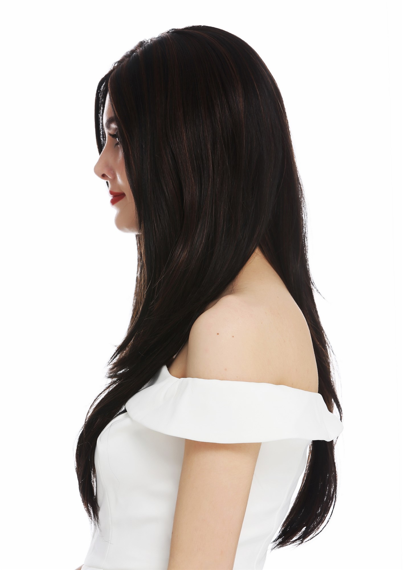 hochwertige Qualitätsperücken, Perücke Lace-Front Monofilament lang sleek glatt schwarzbraun kupferbraun gesträhnt DW2768-MF-2H30, Ansicht 4, WIG ME UP: Ihr Perücken Online Shop glatte Tressen-Perücke mit Teil-Mono Oberkopf, Front-Lace Schwarz-Braun-Mix lange Haare für Damen