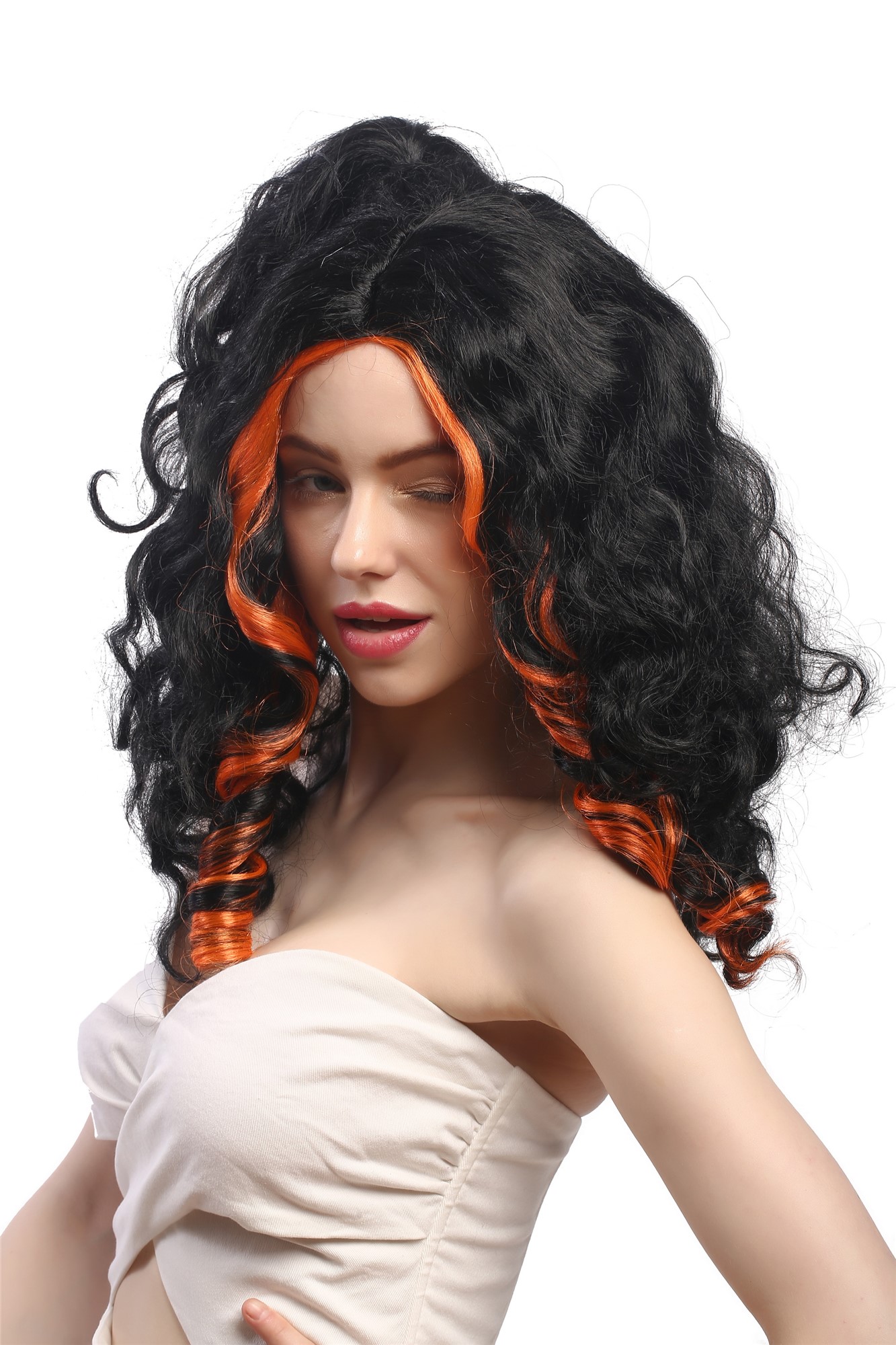 günstige Party Perücke, Perücke Vamp Schwarz orange Strähnen31703-P103-24, Ansicht 2, WIG ME UP: Ihr Perücken Online Shop lockige Party Perücke Schwarz lange Haare für Damen