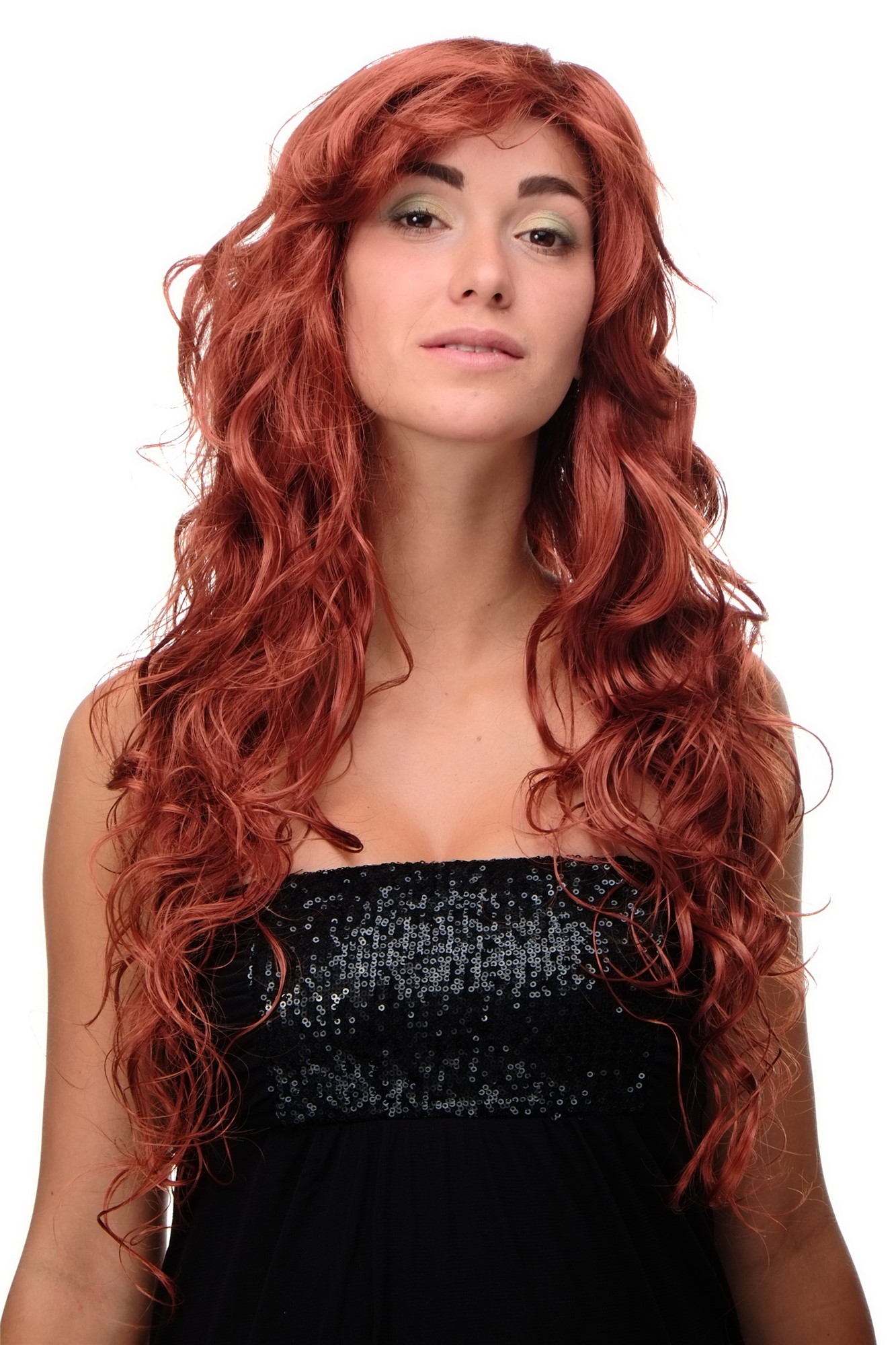 hochwertige Qualitätsperücken, Damen Perücke Dunkel-Kupferrot sehr lang voluminös 9669EL-135, Vorderansicht, WIG ME UP: Ihr Perücken Online Shop wellige Tressen-Perücke mit Kopfhaut-Imitat Dunkel-Kupferrot lange Haare für Damen