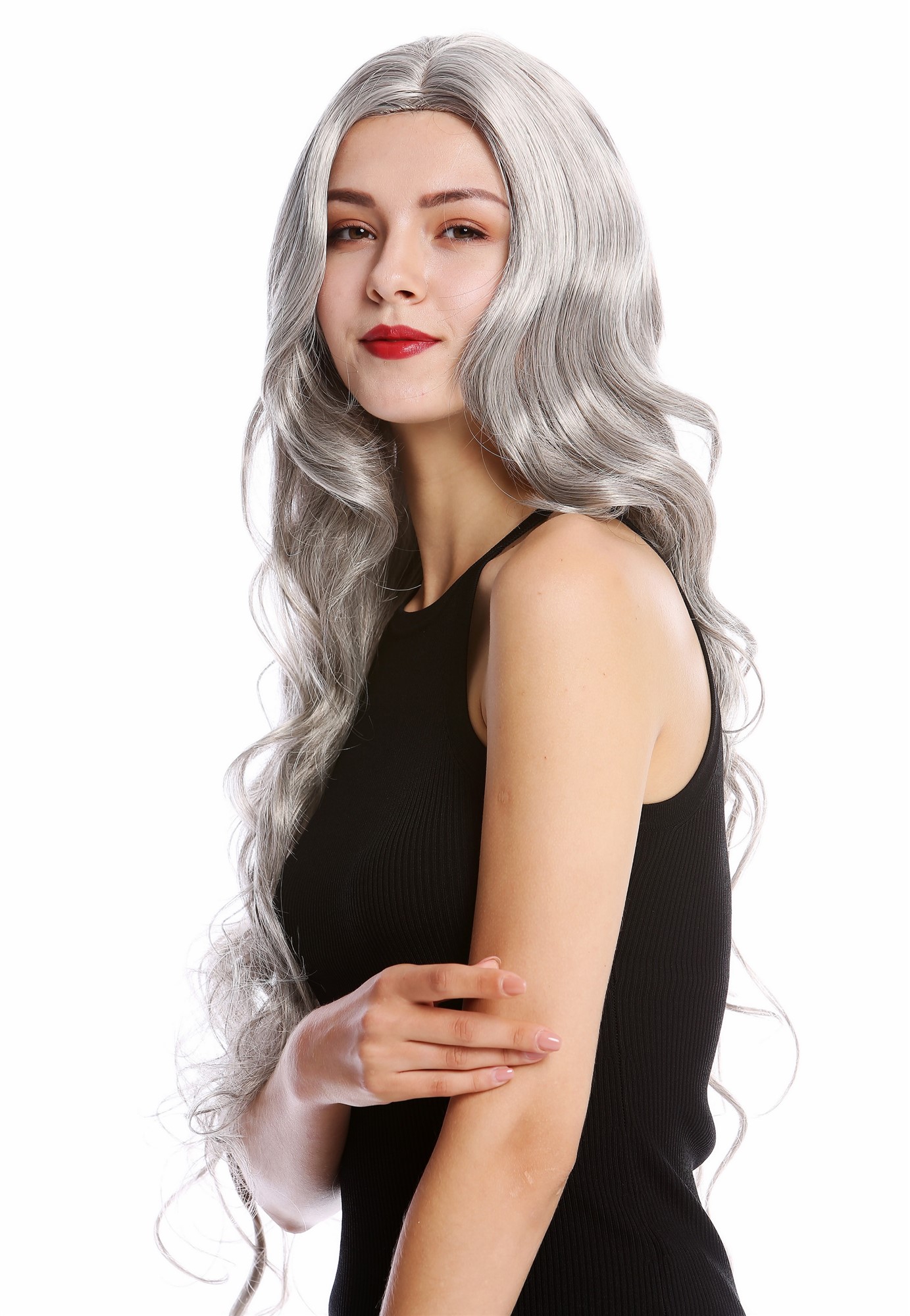 Lady wig women very long wavy middle parting silvery gray grey GFW2080, view 2, WIG ME UP: Your Perücken Online Shop Quality Wigs, Ladies, silver gray with a small amount of black, wavy, very long