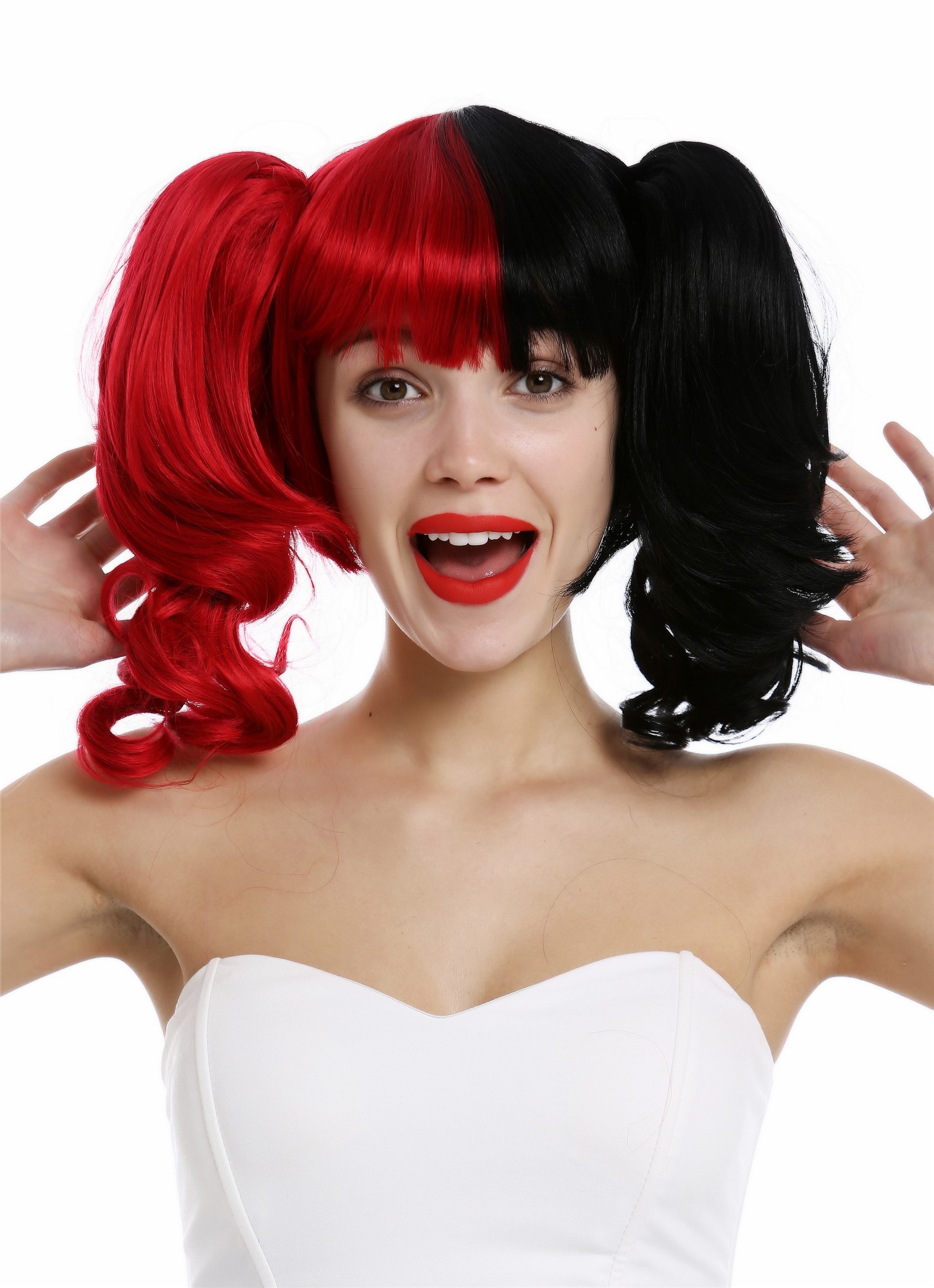 Lady wig set Gothic Lolita Harlequin 2 long wavy pigtails half red back ZM-1189, view 2, WIG ME UP: Your Perücken Online Shop Quality Wigs, Ladies, black-red mix, curled, short
