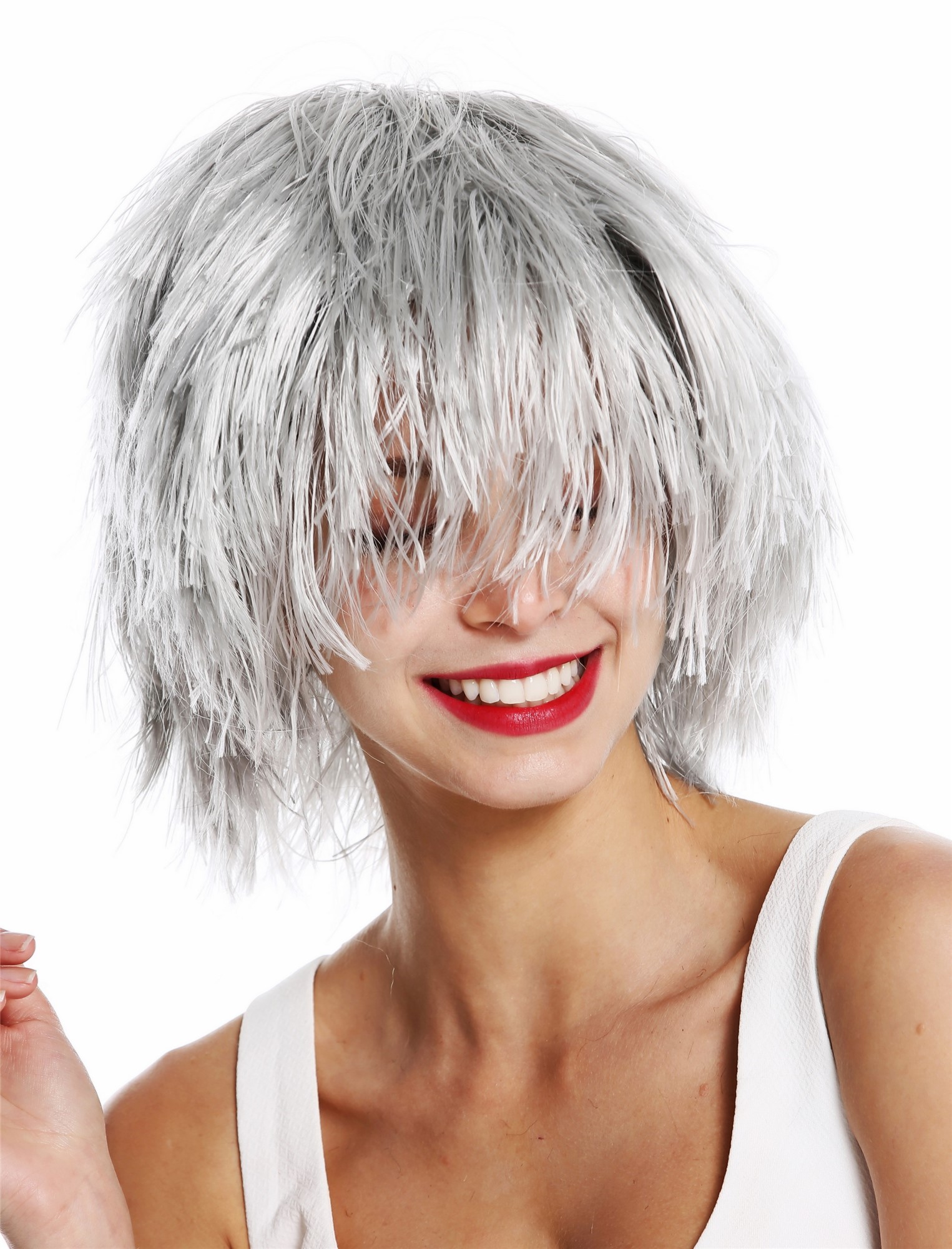 günstige Party Perücke, Perücke Struppig Wild Voluminös Clown Kobold Grau MMSLW-K686, Ansicht 4, WIG ME UP: Ihr Perücken Online Shop wellige Party Perücke Silbergrau kurze Haare Unisex