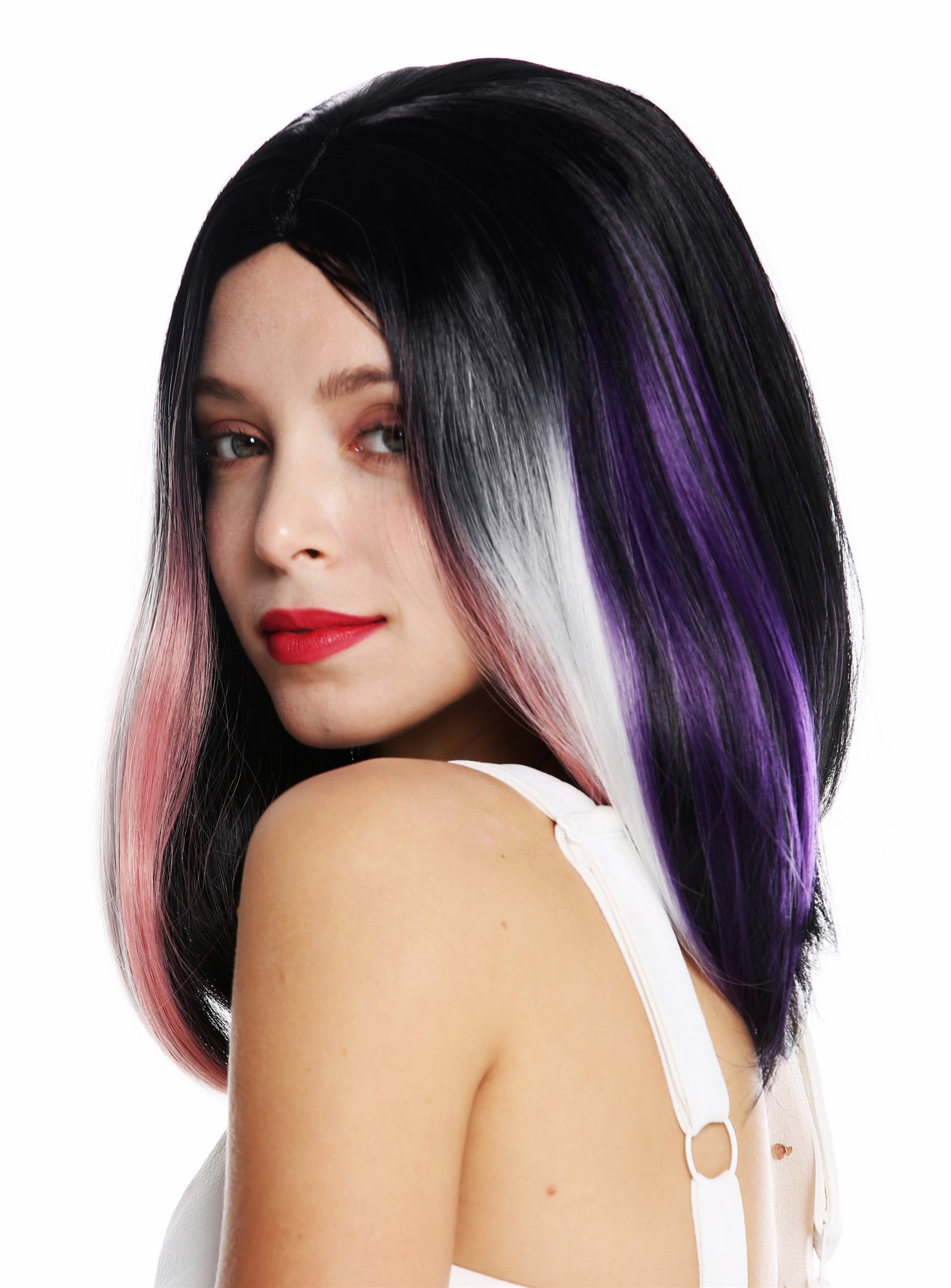 hochwertige Qualitätsperücken, Perücke kurz Longbob Mittelscheitel glatt Schwarz Lila Rosa Blond ZM-1769-Colorful, Ansicht 3, WIG ME UP: Ihr Perücken Online Shop glatte Tressen-Perücke mit Kopfhaut-Imitat Schwarz, Lila, Rosa, Blond Mix schulterlange Haare für Damen