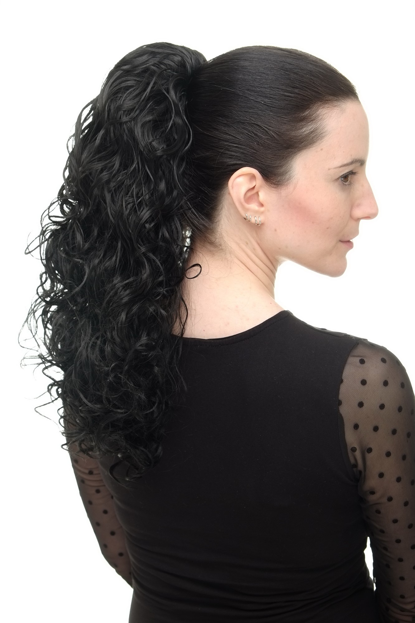 hochwertiges Haarteil 2 Klammern & Gummizug super Volumen Locken schwarz NC002-1, Ansicht 5, WIG ME UP: Ihr Perücken Online Shop lockiges Zopf-Haarteil Schwarz 45 cm lang