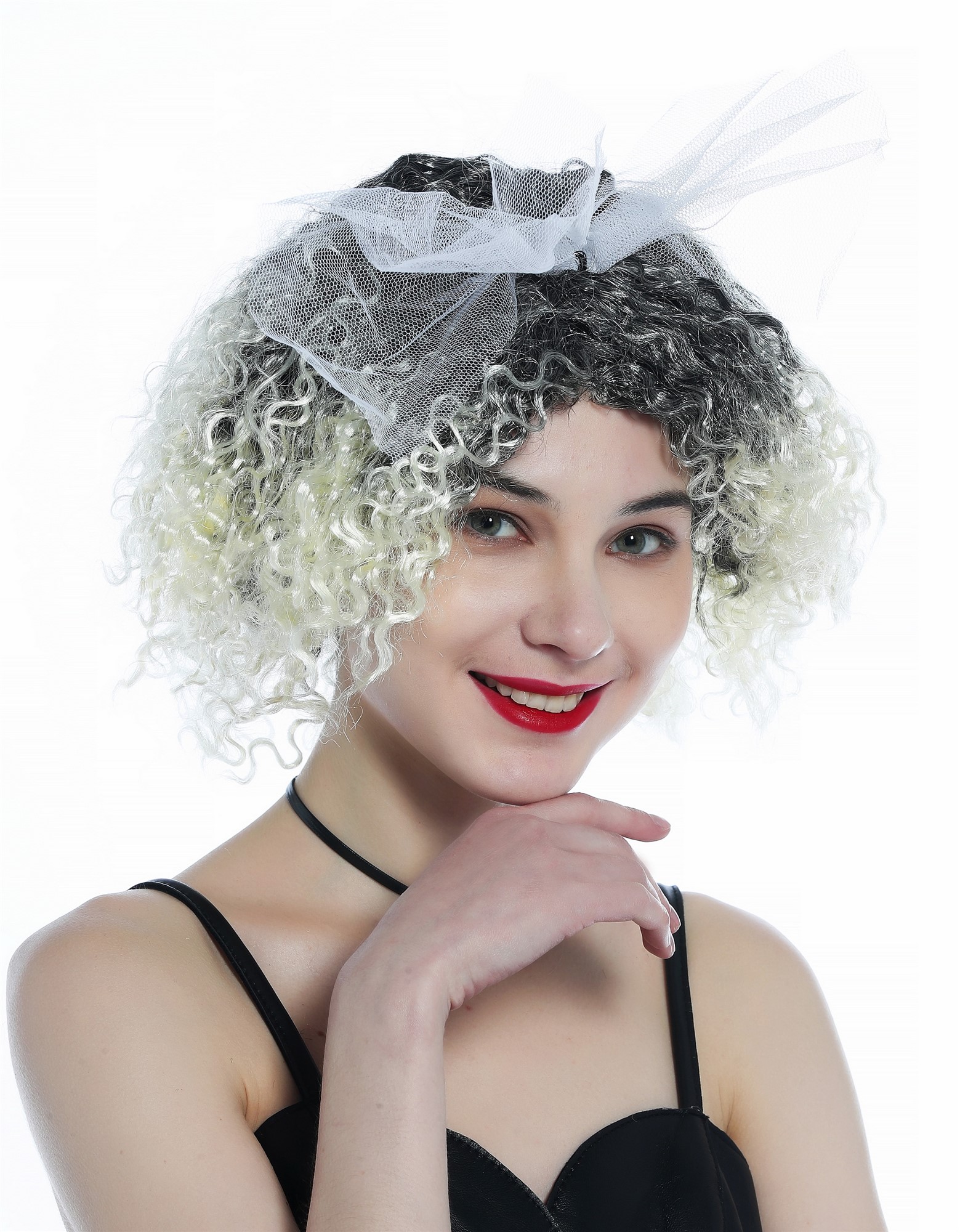 Lady wig Carnival 80s retro Bride bow loop curly curled ombre black blond 210152, front view, WIG ME UP: Your Perücken Online Shop Party Wig, Ladies, hairline black-gray lengths blonde, wavy, short