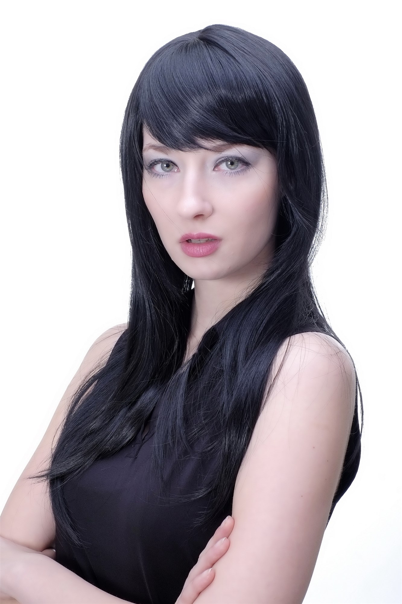 Lady women wig medium long straight sleek fringe bangs off black Goth Emo 3280, front view, WIG ME UP: Your Perücken Online Shop Quality Wigs, Ladies, black-brown, straight, long