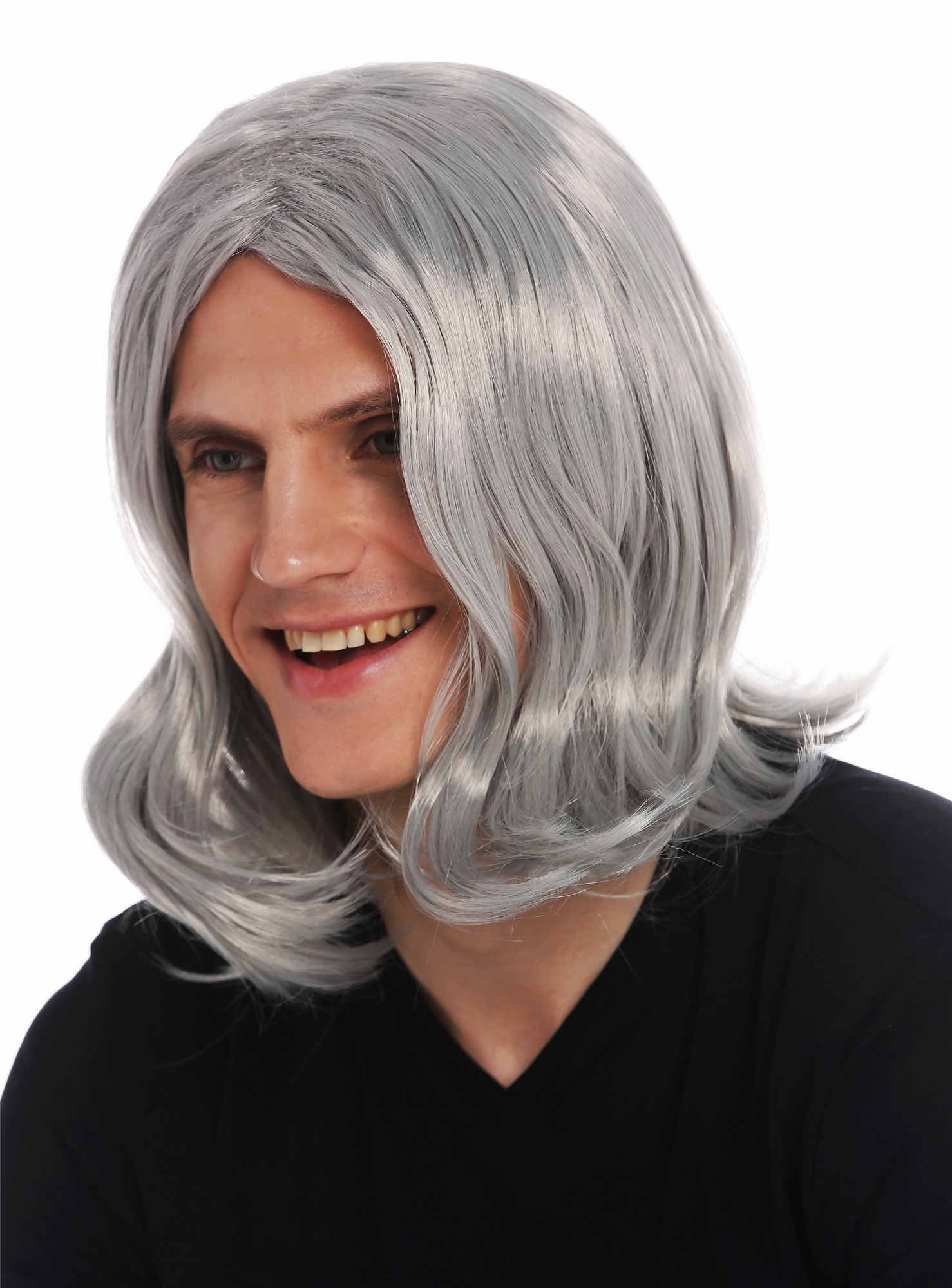 günstige Party Perücke, Perücke Herren lang grau Mittelscheitel gewellt alter Rockstar 3056-FR68A, Ansicht 2, WIG ME UP: Ihr Perücken Online Shop wellige Party Perücke Silbergrau schulterlange Haare Unisex