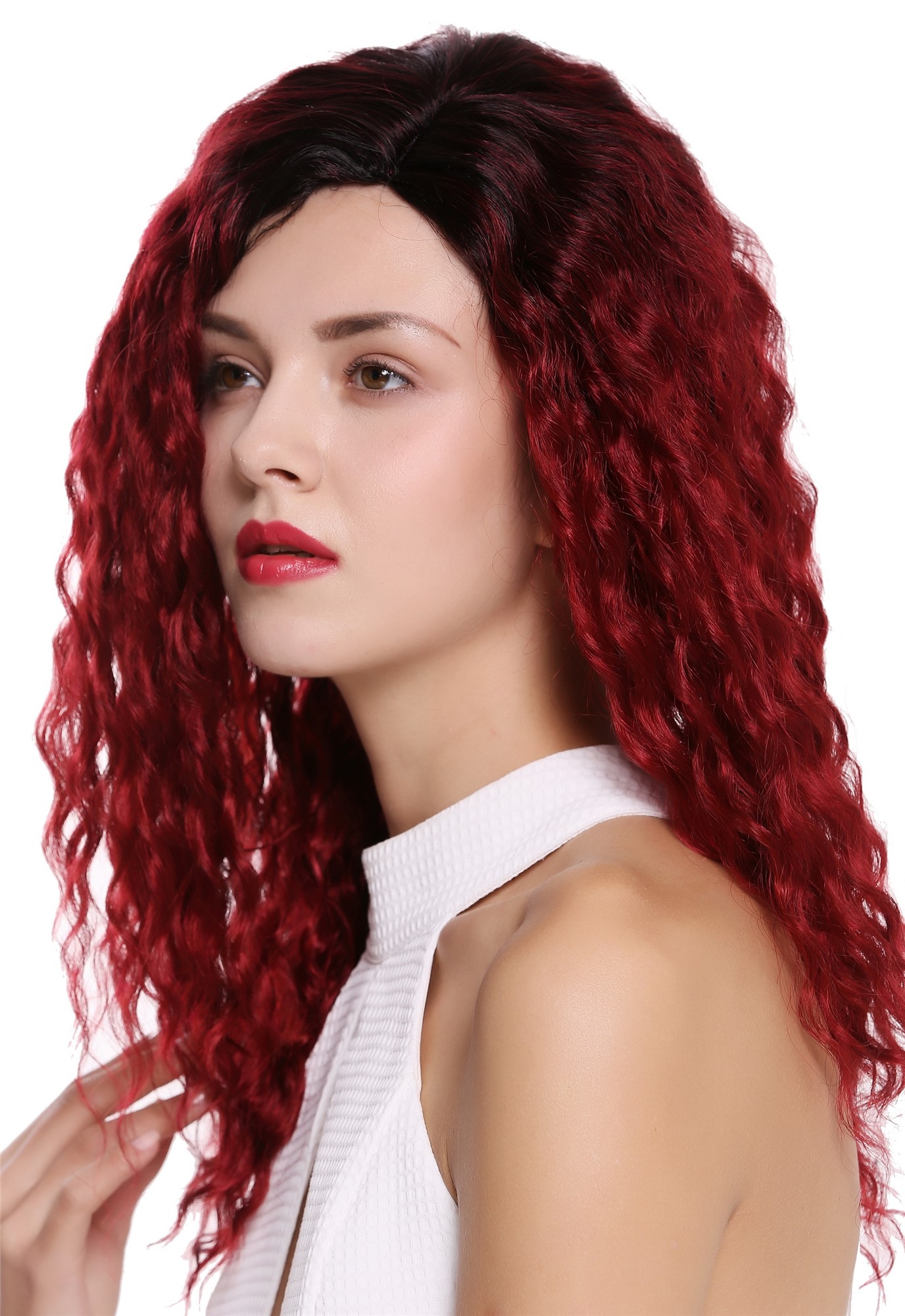 hochwertige Qualitätsperücken, Perücke Afro Locken gekreppt Seitenscheitel Ombre Schwarz Granatrot Rot 803AD-YS871S1B, Vorderansicht, WIG ME UP: Ihr Perücken Online Shop lockige Tressen-Perücke Granatrot-Samtschwarz-Mix lange Haare für Damen