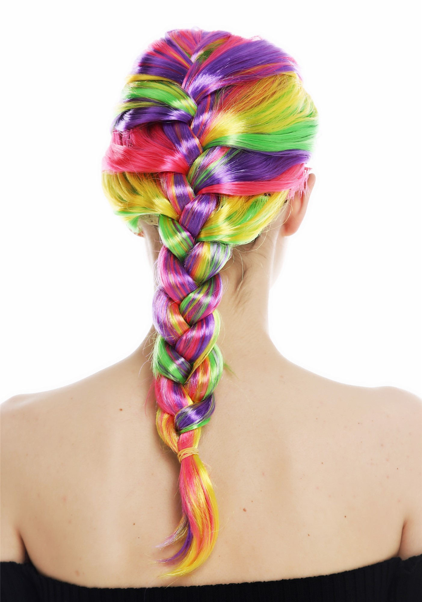 günstige Party Perücke, Perücke regenbogenfarben bunt Zopf geflochten lang 31946-FR-coloured, Ansicht 5, WIG ME UP: Ihr Perücken Online Shop geflochtene Party Perücke Lila,Rosa,Gelb,Grün schulterlange Haare für Damen