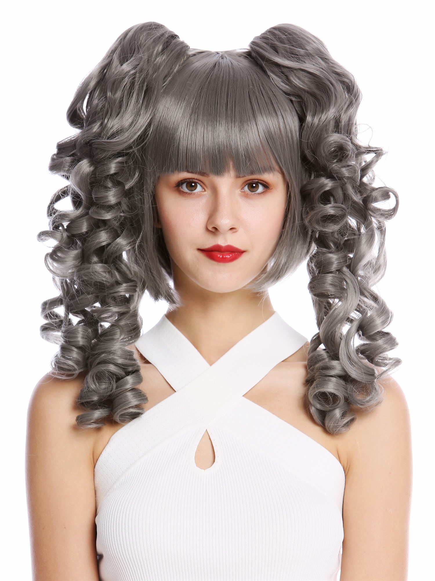 Lady Cosplay Wig bob + 2 ponytails curled bangs ringlets grey gray YZF-7080+A, view 2, WIG ME UP: Your Perücken Online Shop Quality Wigs, Ladies, dark gray, curled, shoulder-length