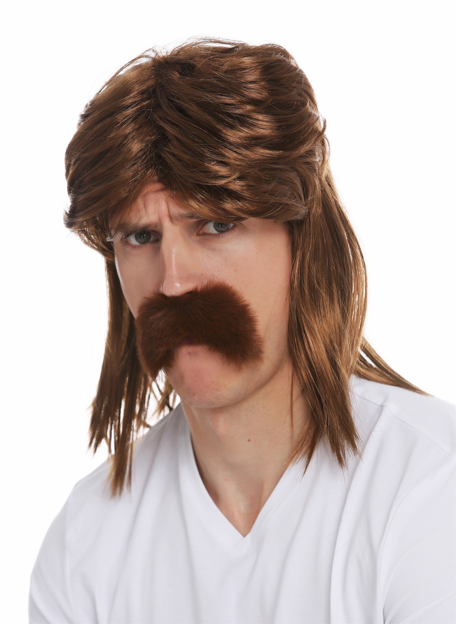 günstige Party Perücke, Perücke Bart Vokuhila Proll 80er Braun SARL062-P6, Ansicht 3, WIG ME UP: Ihr Perücken Online Shop glatte Party Perücke Goldbraun schulterlange Haare für Herren