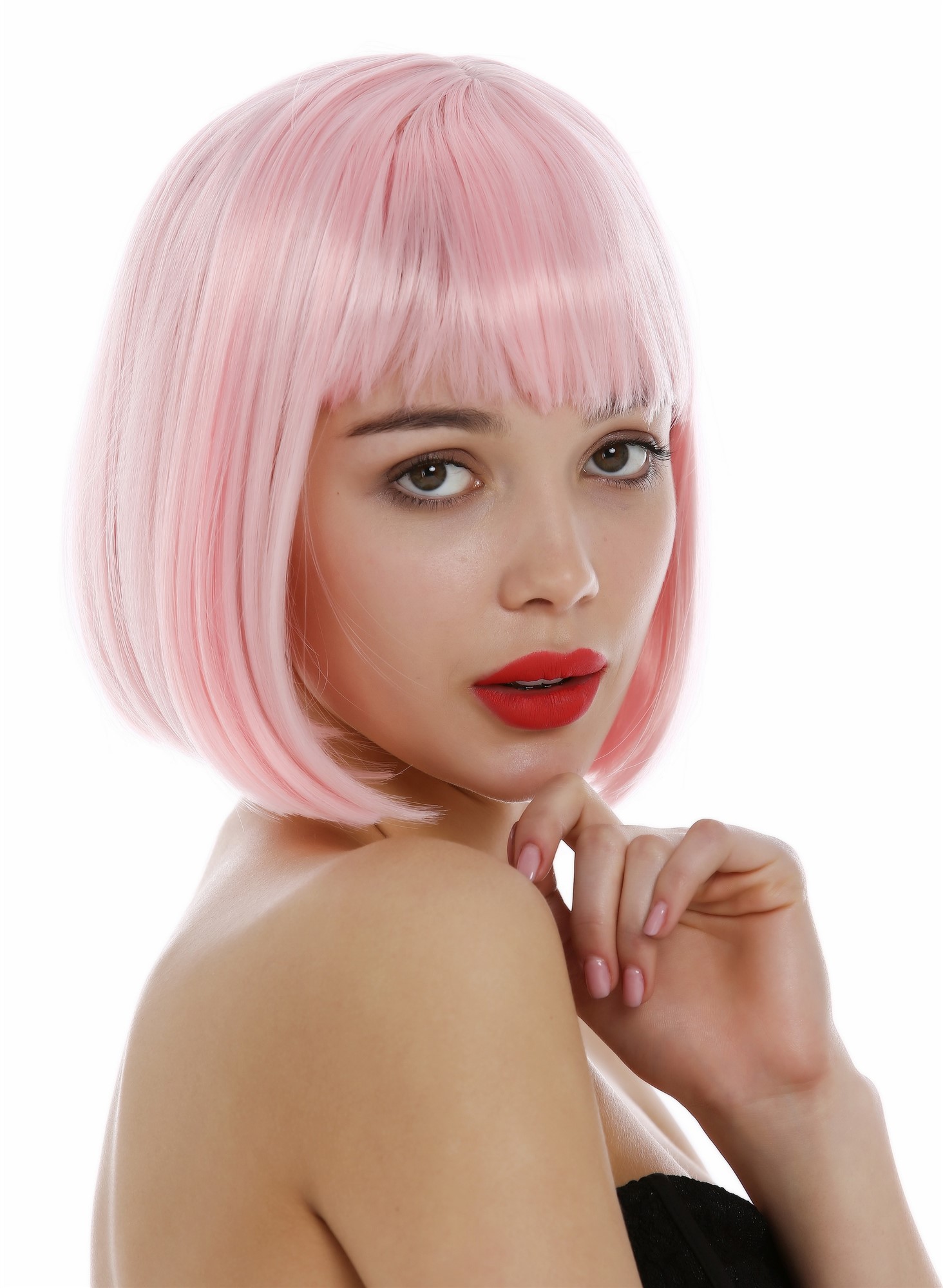 hochwertige Qualitätsperücken, Perücke Damen Bobfrisur Long Bob Pony glatt helles Rosa 7803-T2333, Ansicht 2, WIG ME UP: Ihr Perücken Online Shop glatte Tressen-Perücke Hellrosa kurze Haare für Damen
